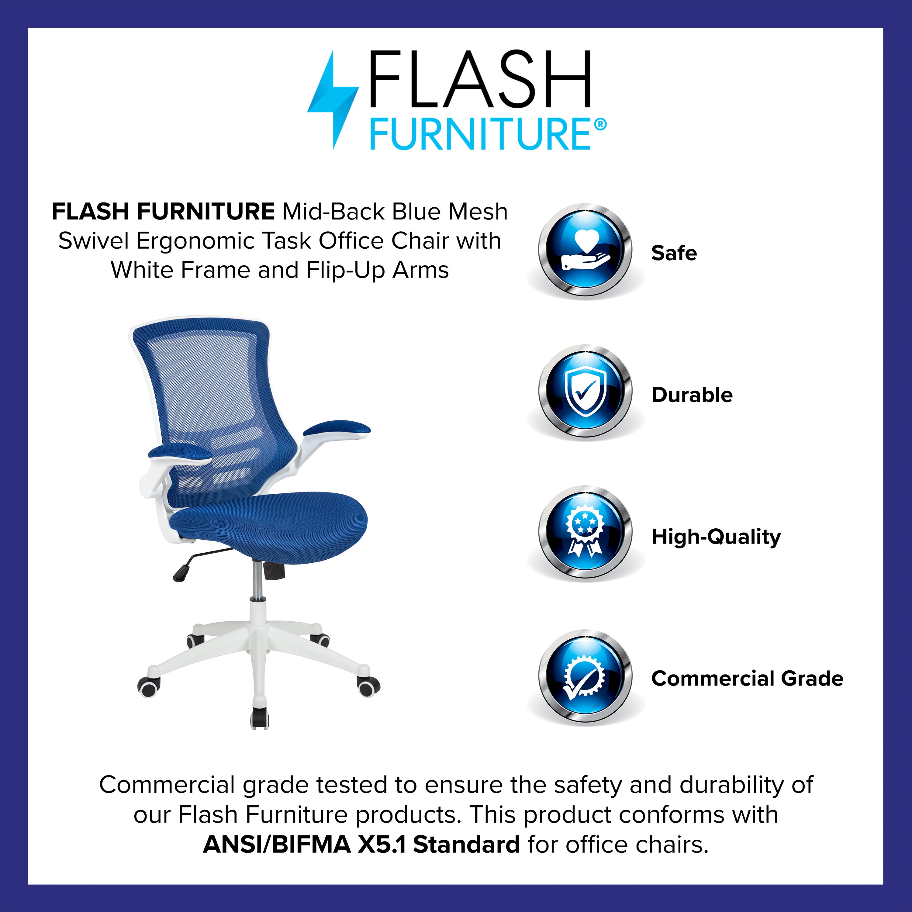 Kelista Mid-Back Blue Mesh Swivel Ergonomic Task Office Chair with White Frame and Flip-Up Arms