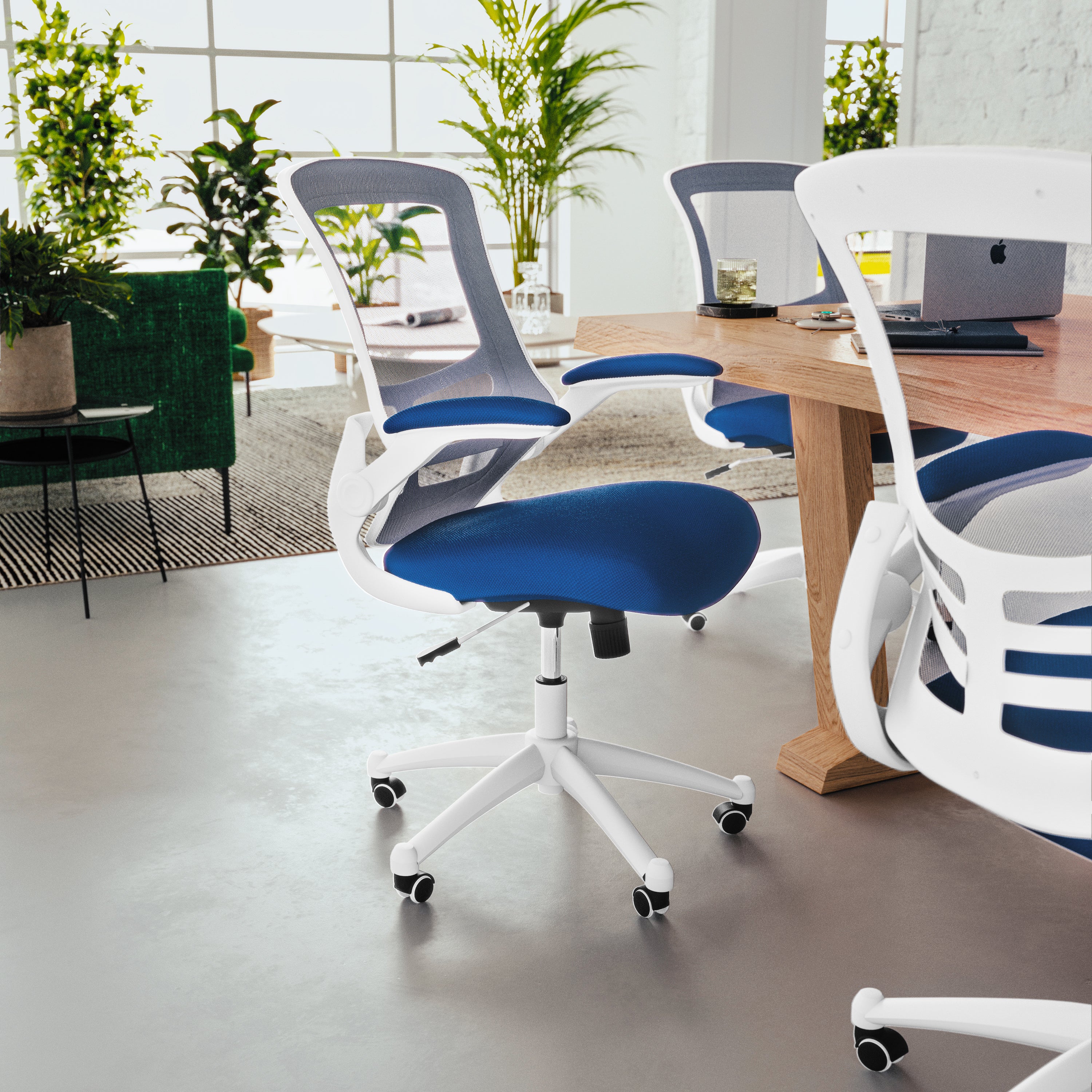 Kelista Mid-Back Blue Mesh Swivel Ergonomic Task Office Chair with White Frame and Flip-Up Arms