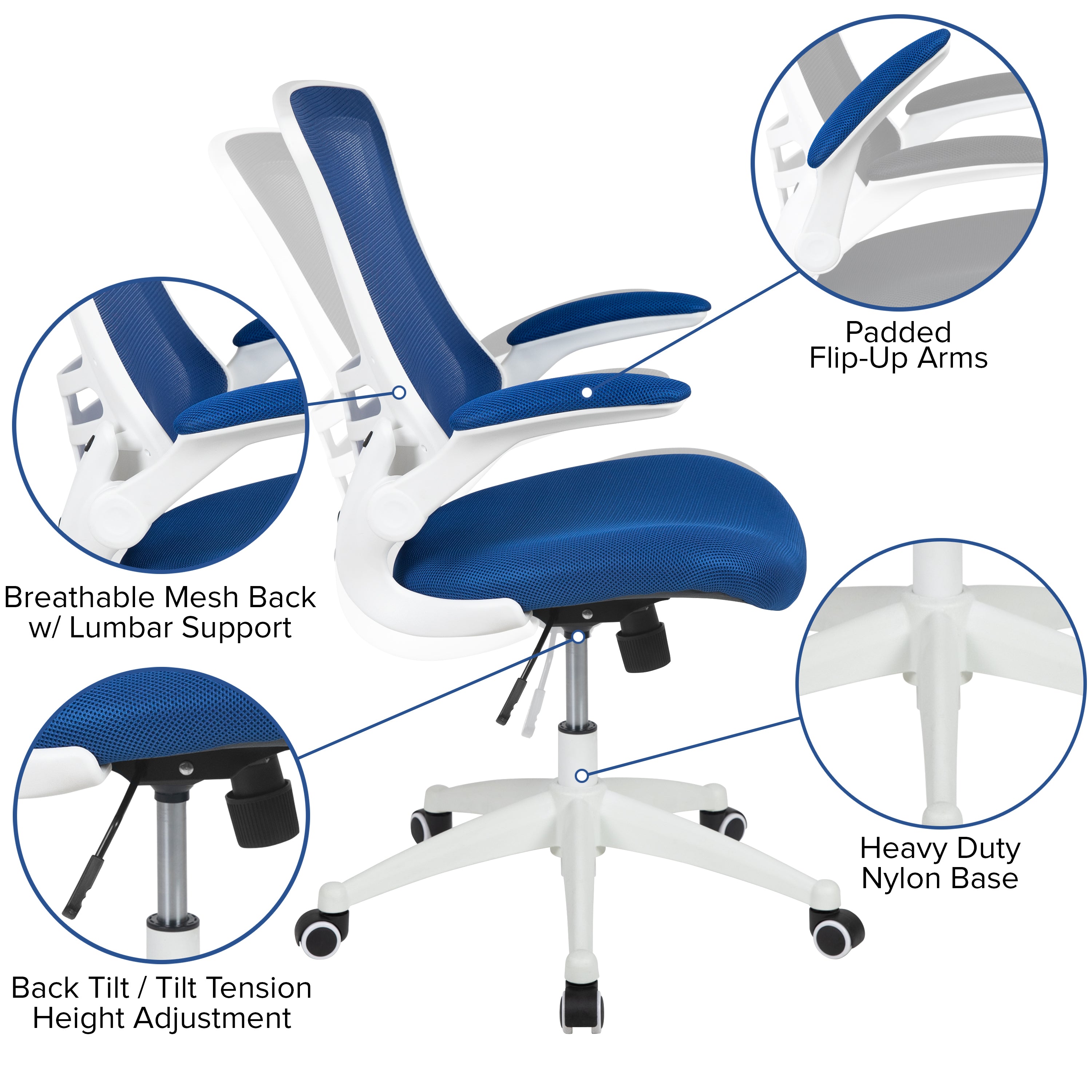 Kelista Mid-Back Blue Mesh Swivel Ergonomic Task Office Chair with White Frame and Flip-Up Arms