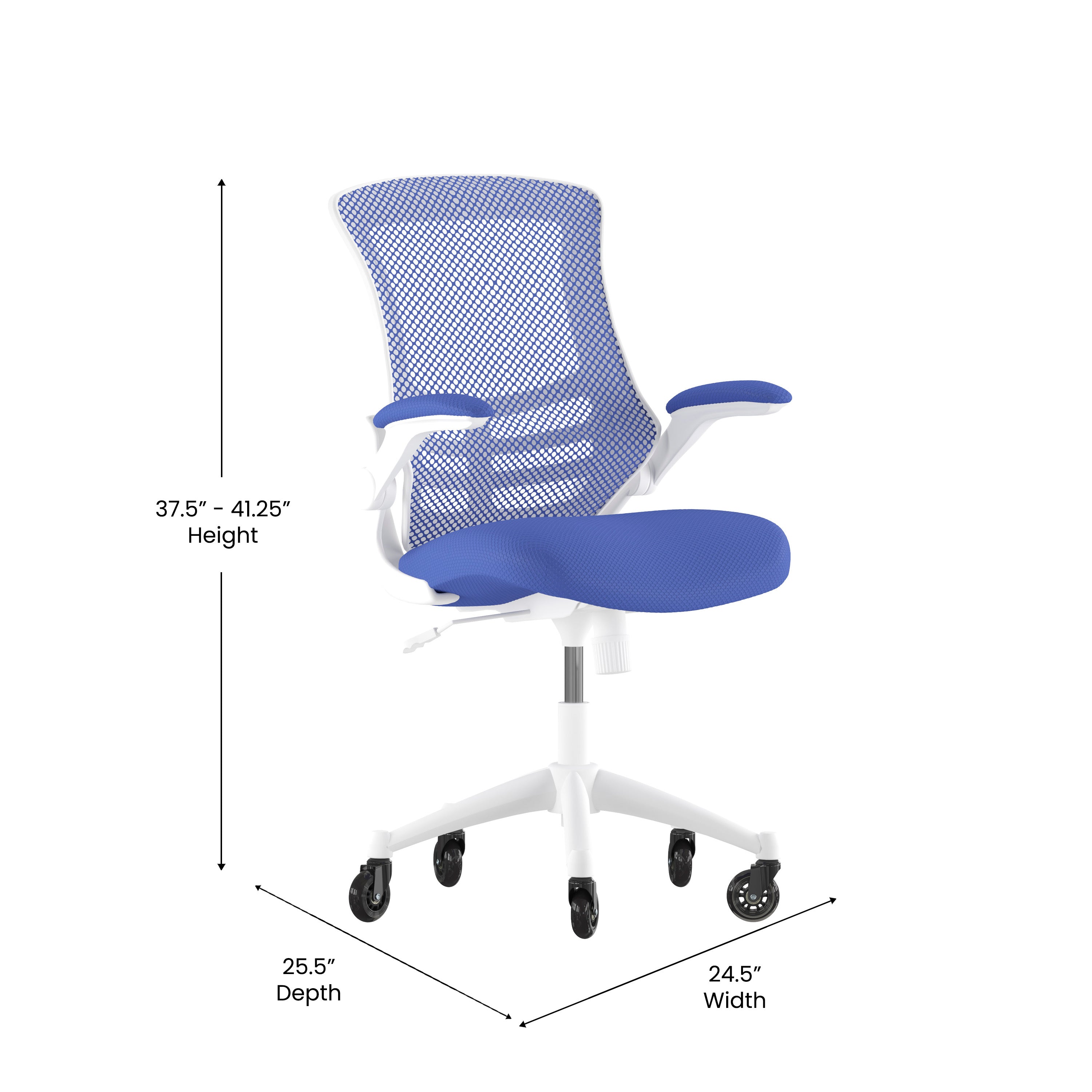 Kelista Mid-Back Blue Mesh Swivel Ergonomic Task Office Chair with White Frame, Flip-Up Arms, and Transparent Roller Wheels