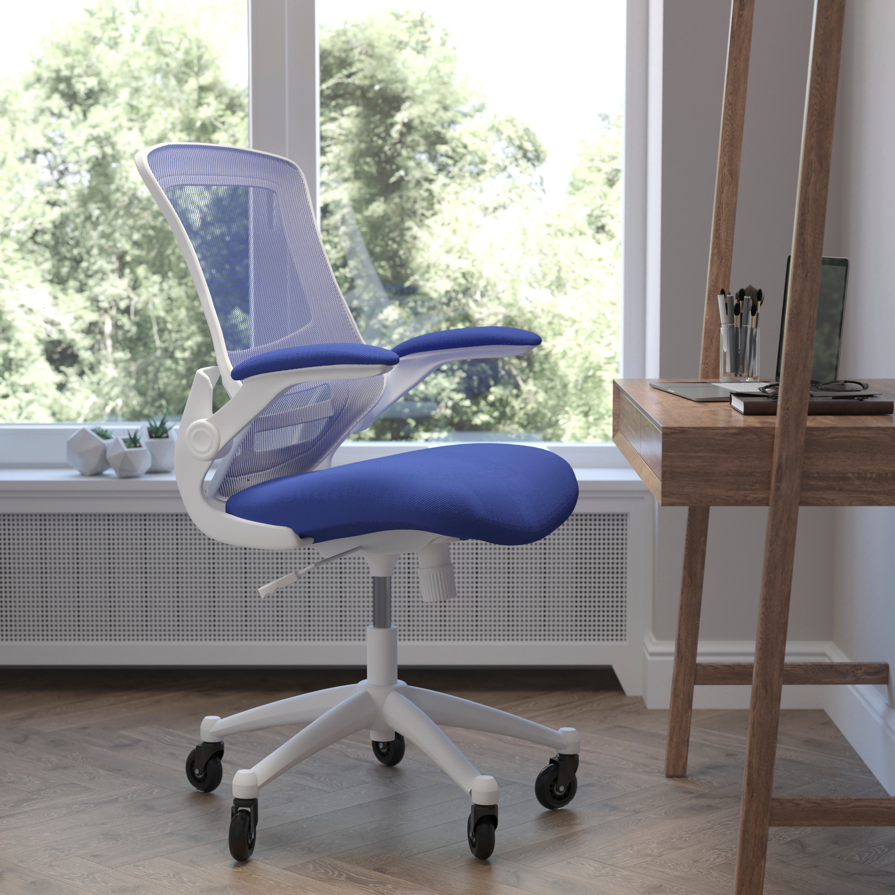 Kelista Mid-Back Blue Mesh Swivel Ergonomic Task Office Chair with White Frame, Flip-Up Arms, and Transparent Roller Wheels