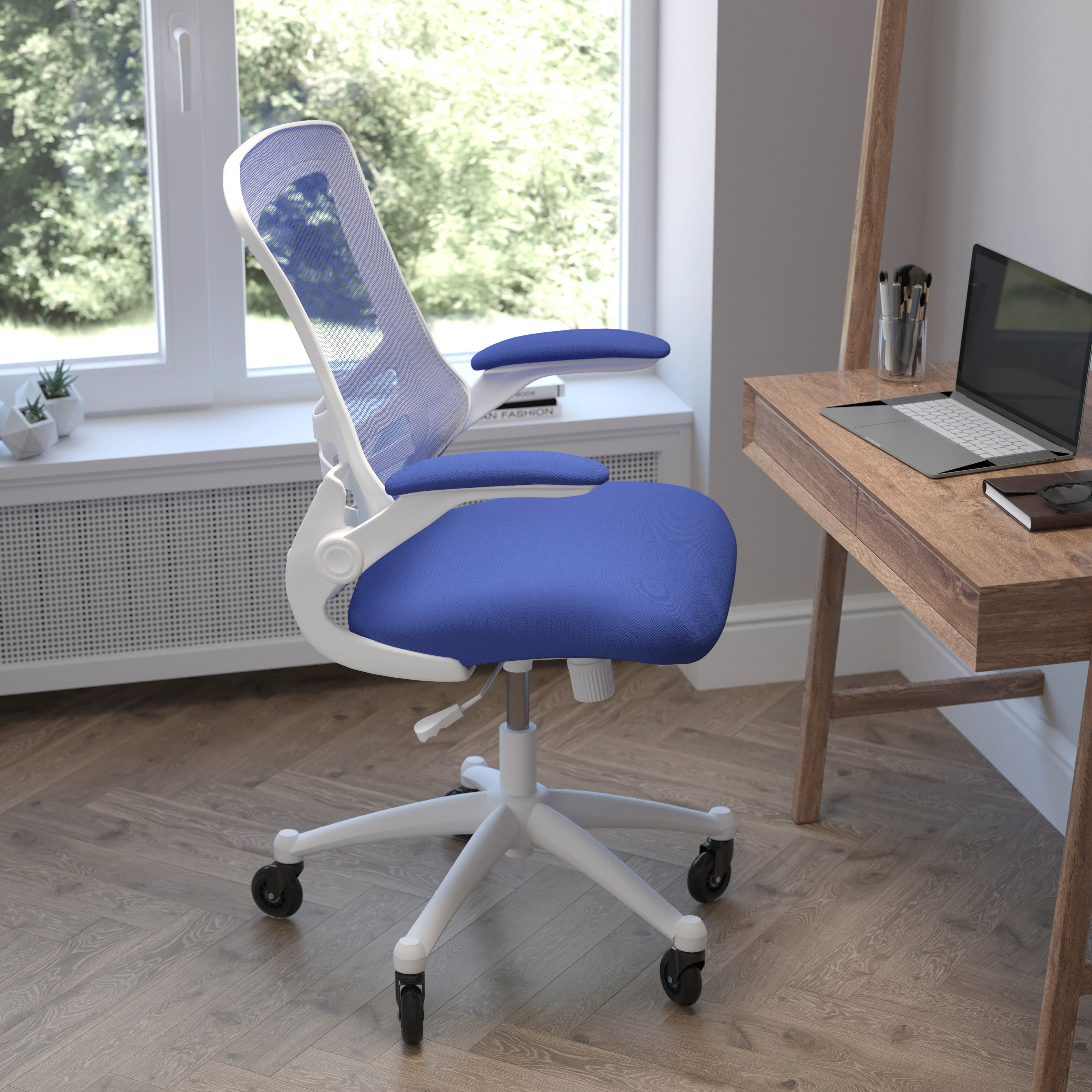 Kelista Mid-Back Blue Mesh Swivel Ergonomic Task Office Chair with White Frame, Flip-Up Arms, and Transparent Roller Wheels