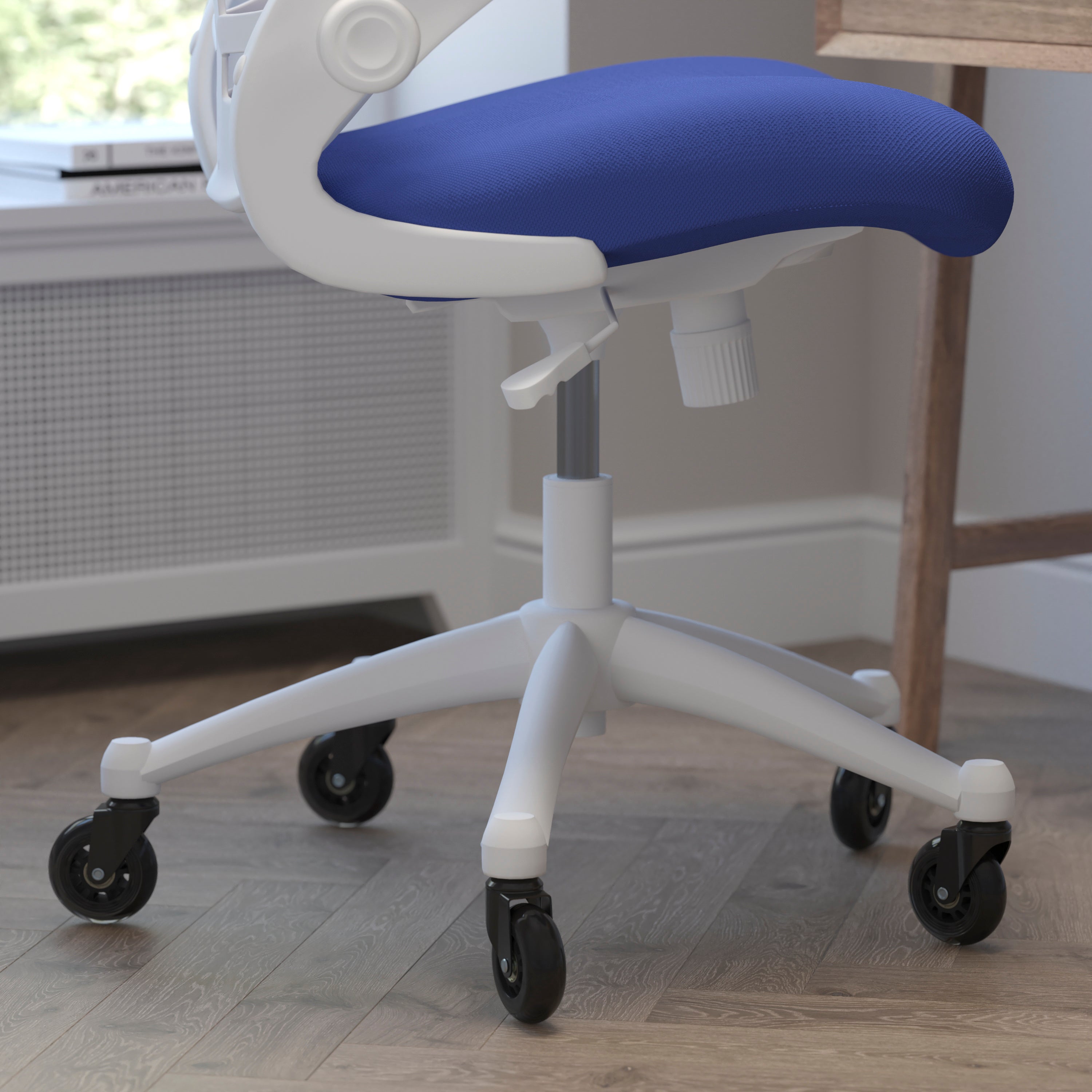 Kelista Mid-Back Blue Mesh Swivel Ergonomic Task Office Chair with White Frame, Flip-Up Arms, and Transparent Roller Wheels