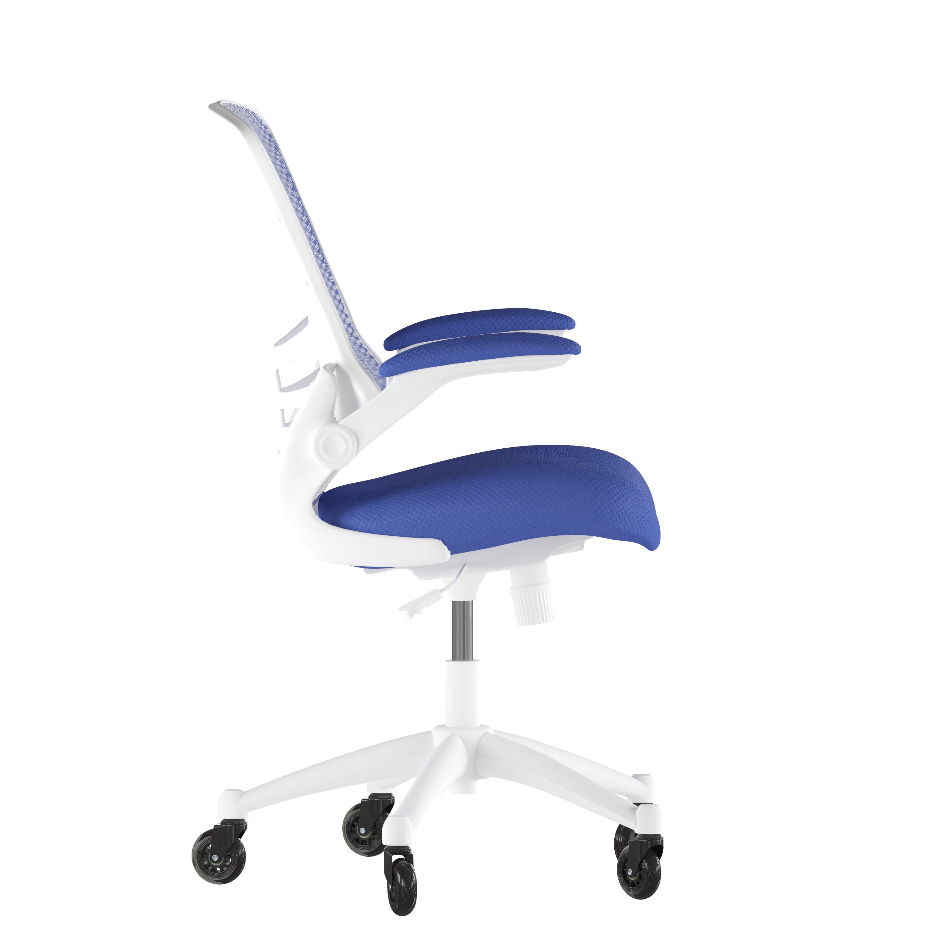 Kelista Mid-Back Blue Mesh Swivel Ergonomic Task Office Chair with White Frame, Flip-Up Arms, and Transparent Roller Wheels