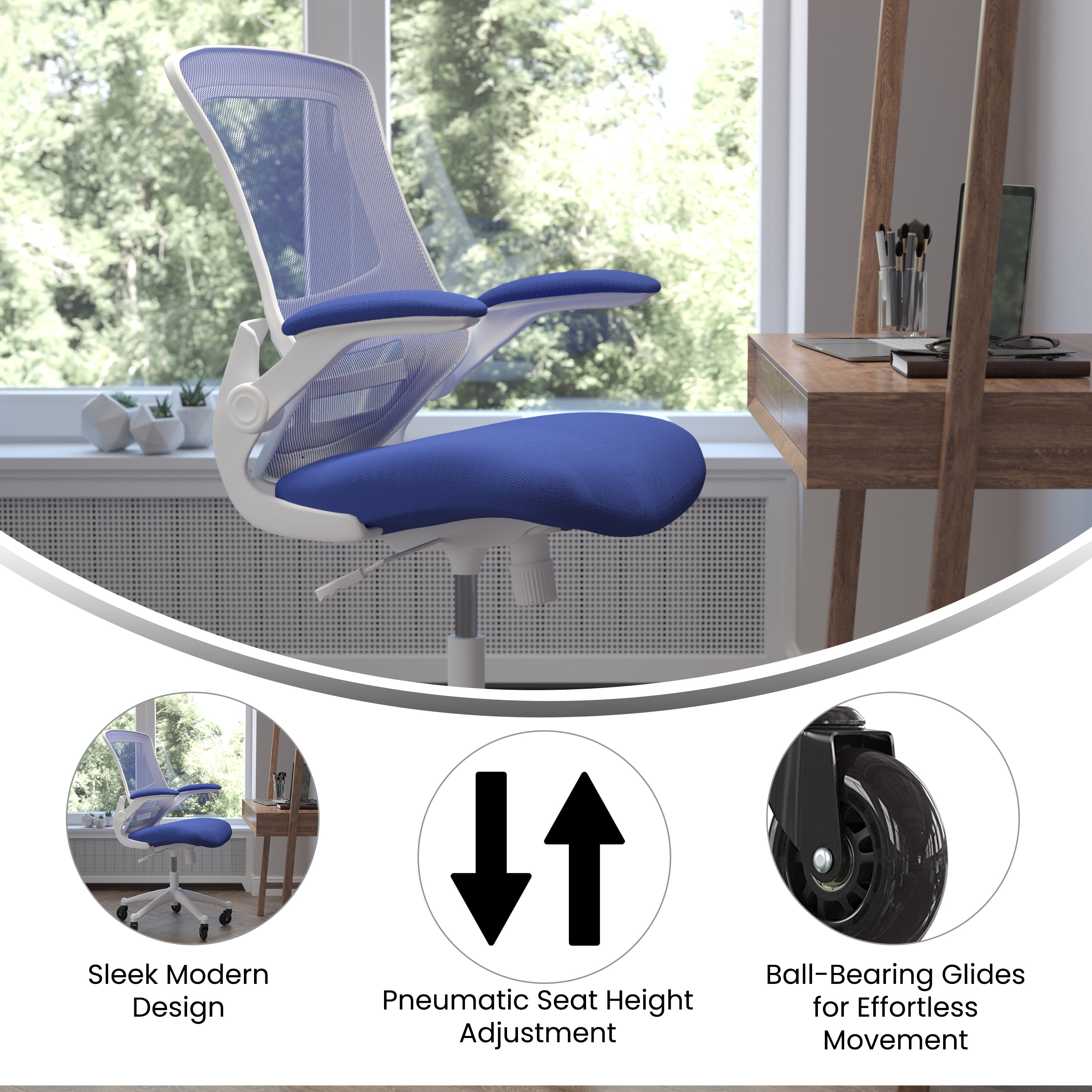 Kelista Mid-Back Blue Mesh Swivel Ergonomic Task Office Chair with White Frame, Flip-Up Arms, and Transparent Roller Wheels