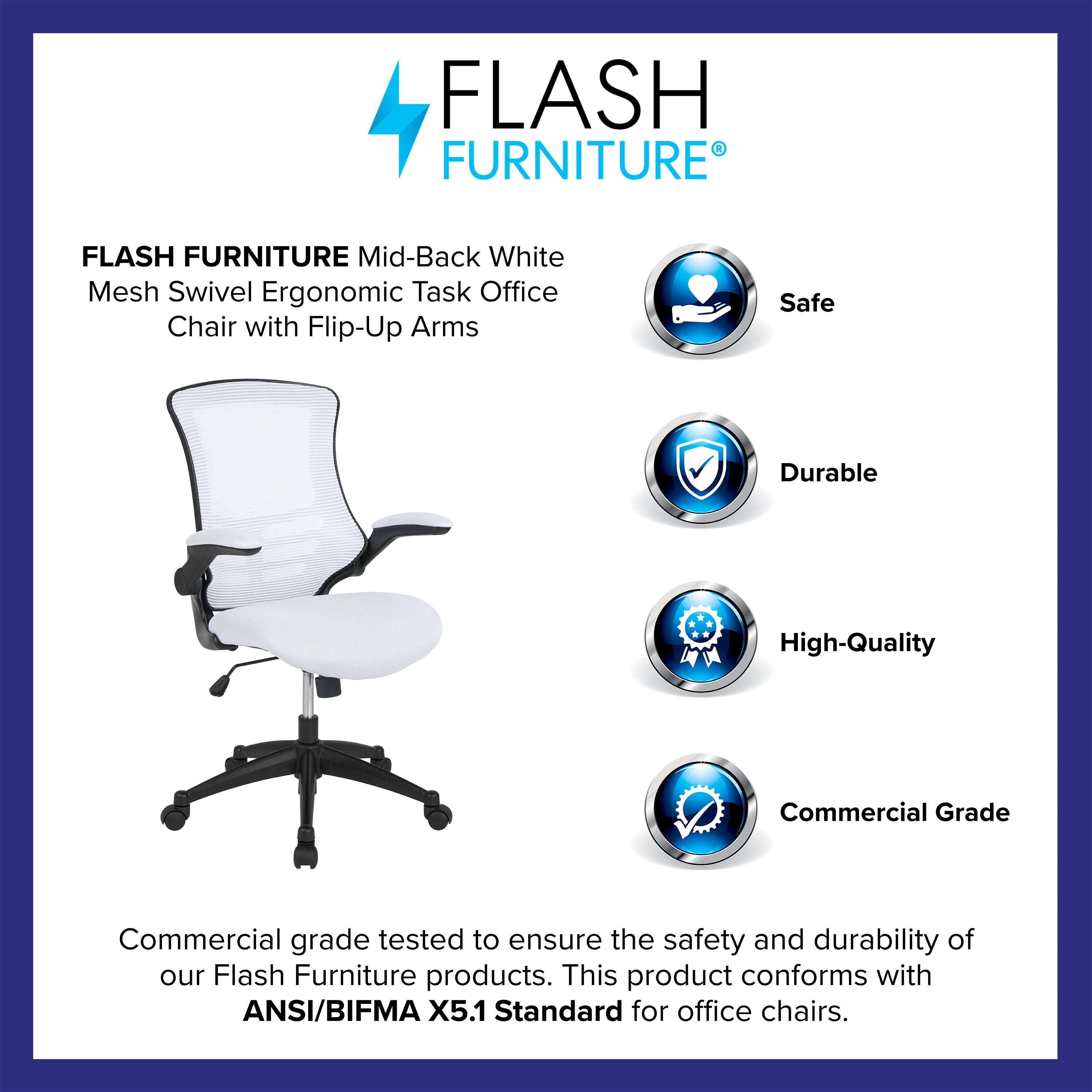 Kelista Mid-Back White Mesh Swivel Ergonomic Task Office Chair with Flip-Up Arms