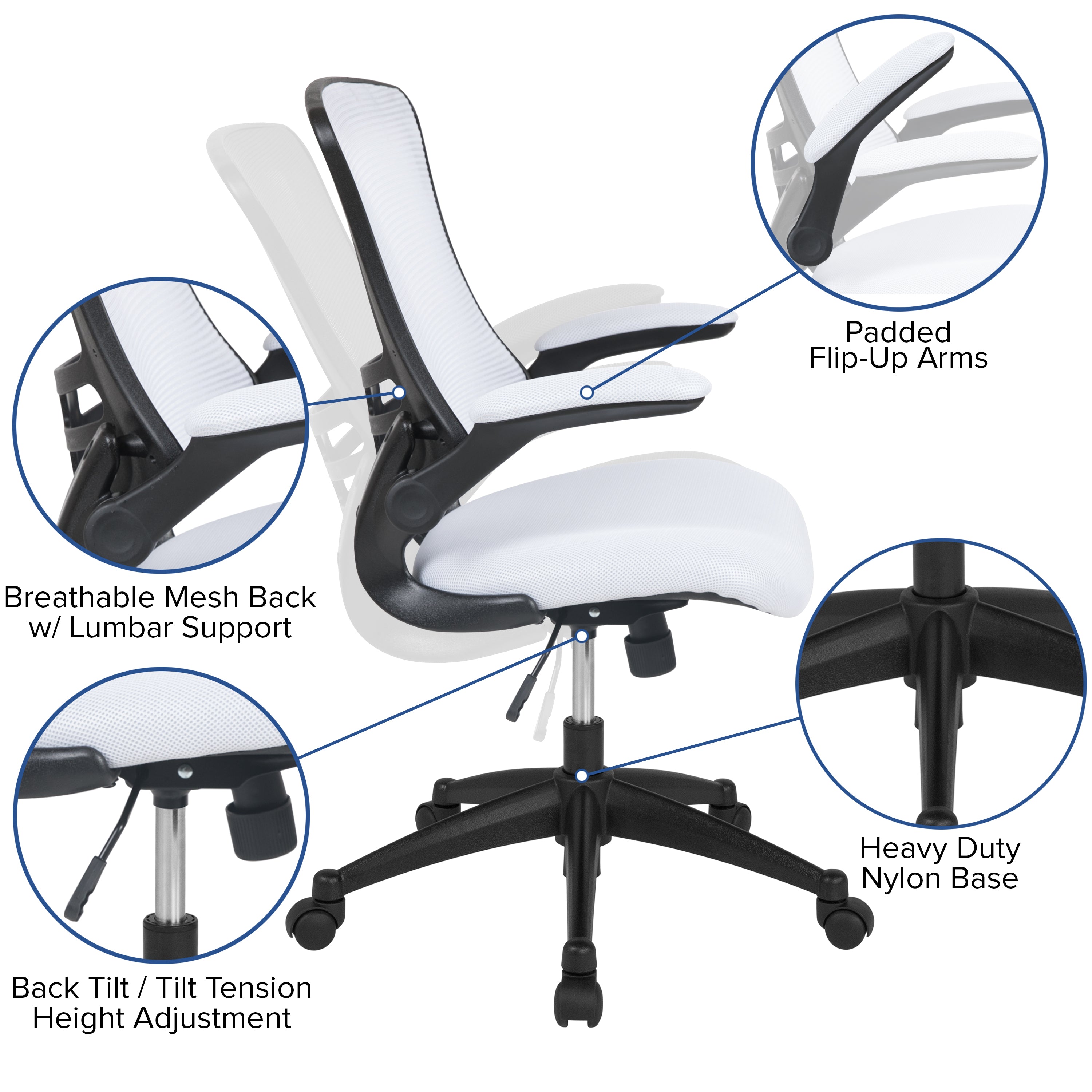 Kelista Mid-Back White Mesh Swivel Ergonomic Task Office Chair with Flip-Up Arms