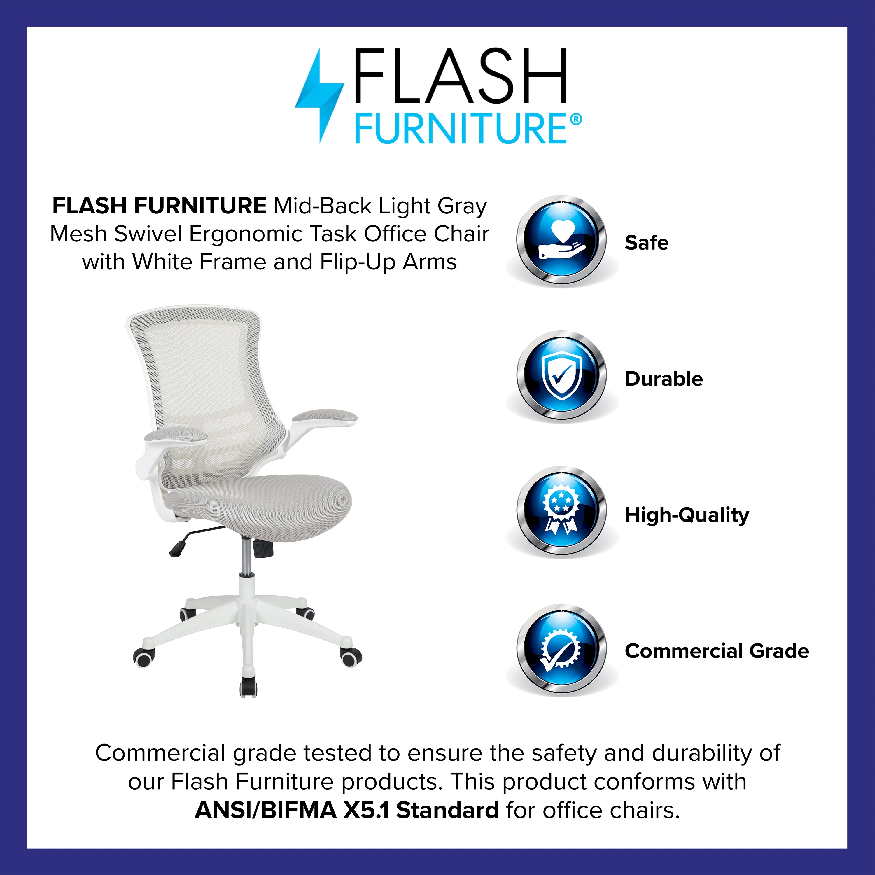 Kelista Mid-Back Light Gray Mesh Swivel Ergonomic Task Office Chair with White Frame and Flip-Up Arms