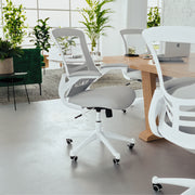 Kelista Mid-Back Light Gray Mesh Swivel Ergonomic Task Office Chair with White Frame and Flip-Up Arms