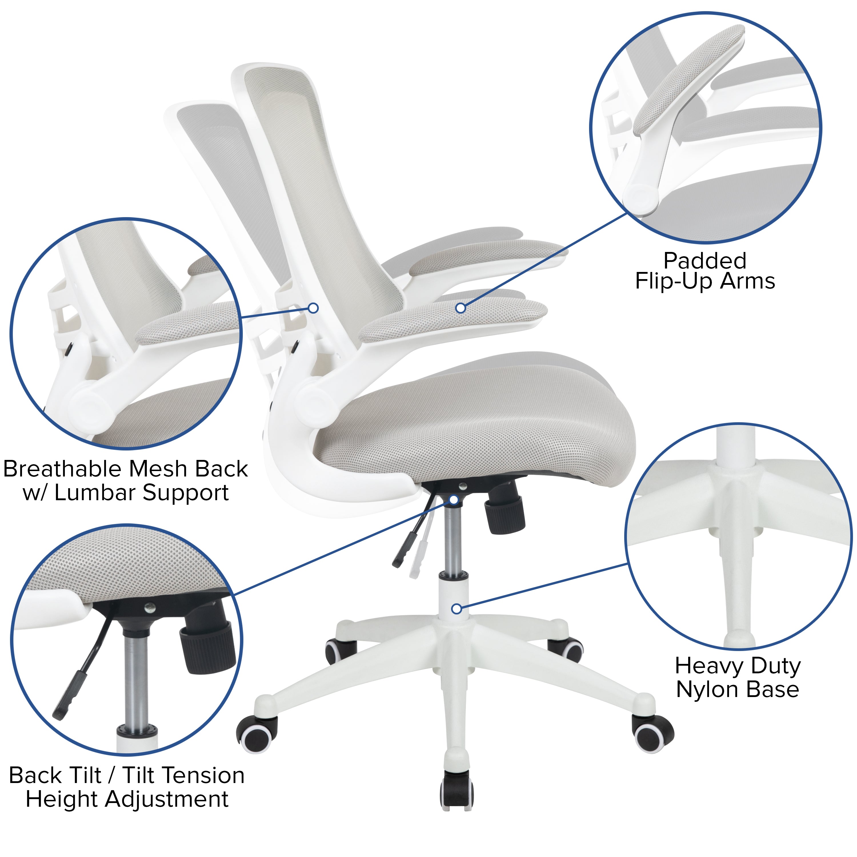 Kelista Mid-Back Light Gray Mesh Swivel Ergonomic Task Office Chair with White Frame and Flip-Up Arms