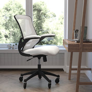 Kelista Mid-Back White Mesh Swivel Ergonomic Task Office Chair with Flip-Up Arms and Transparent Roller Wheels
