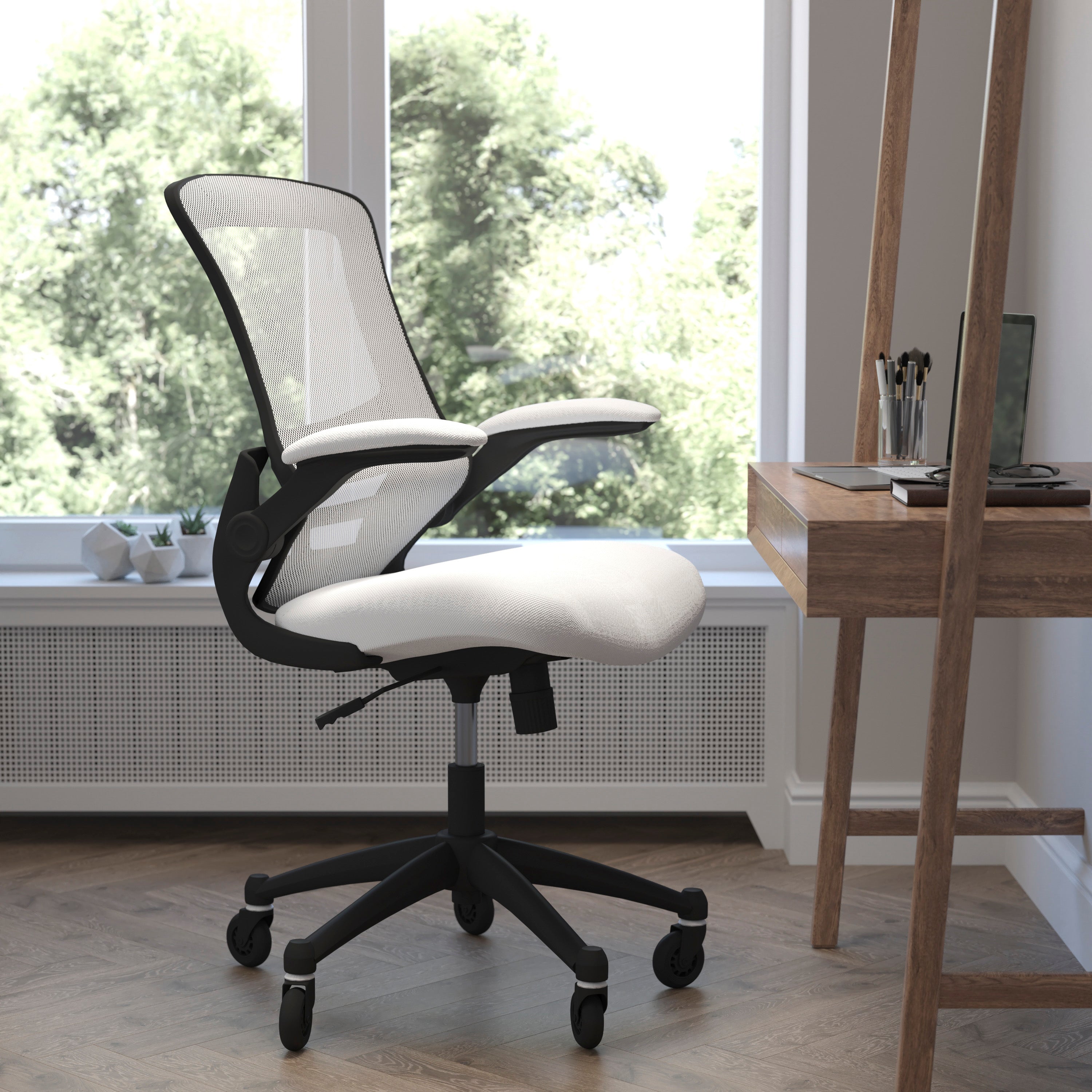 Kelista Mid-Back White Mesh Swivel Ergonomic Task Office Chair with Flip-Up Arms and Transparent Roller Wheels