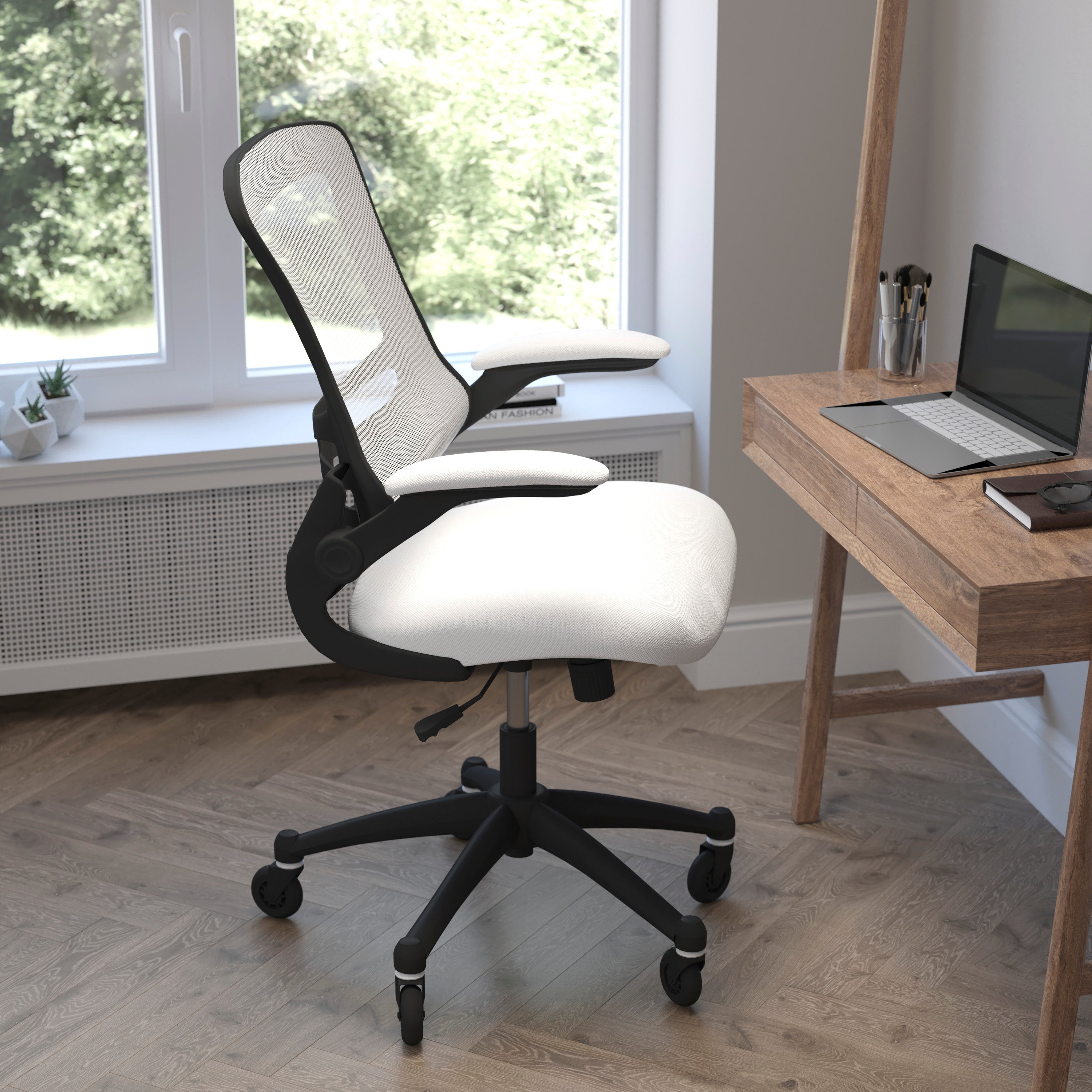 Kelista Mid-Back White Mesh Swivel Ergonomic Task Office Chair with Flip-Up Arms and Transparent Roller Wheels