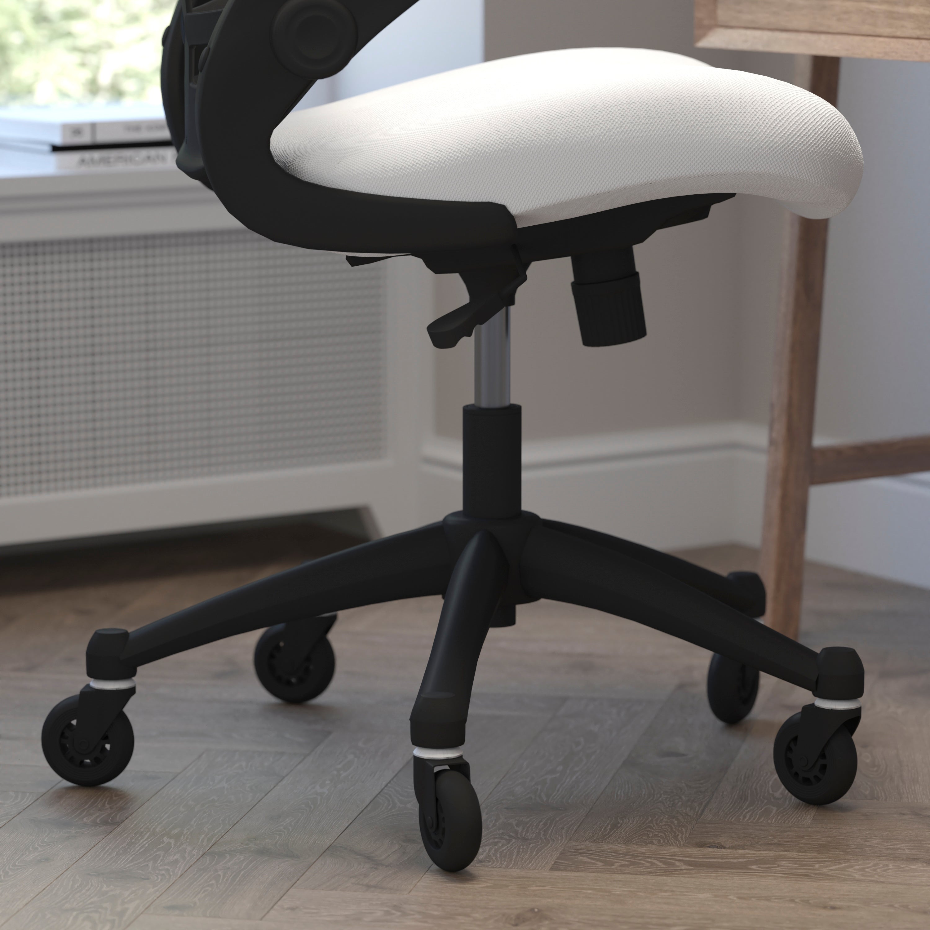 Kelista Mid-Back White Mesh Swivel Ergonomic Task Office Chair with Flip-Up Arms and Transparent Roller Wheels