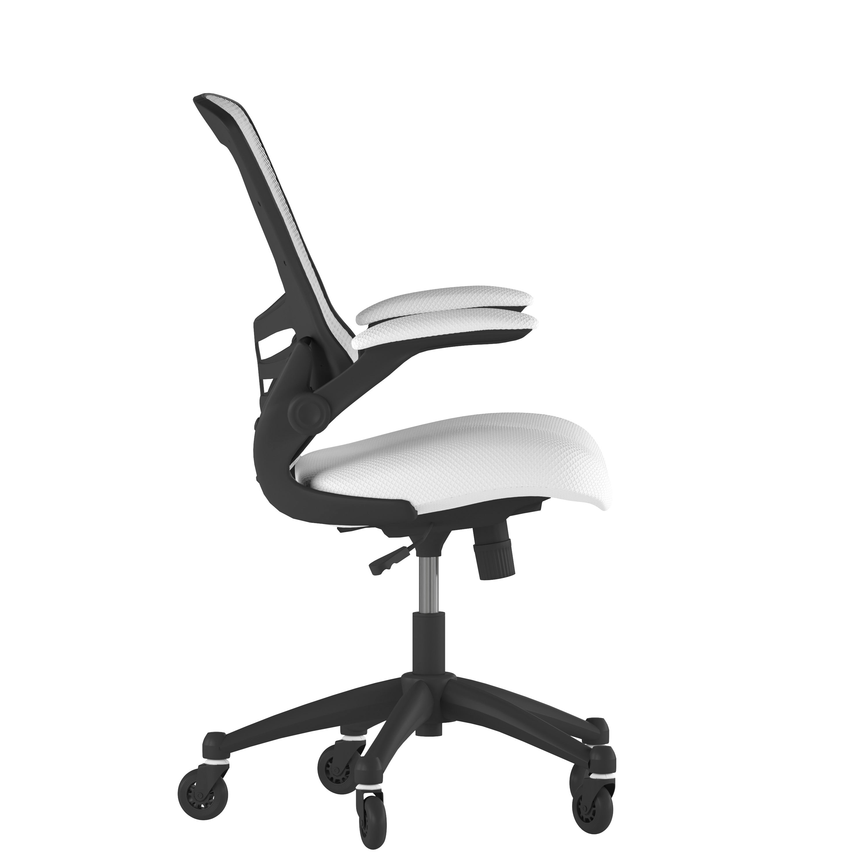 Kelista Mid-Back White Mesh Swivel Ergonomic Task Office Chair with Flip-Up Arms and Transparent Roller Wheels