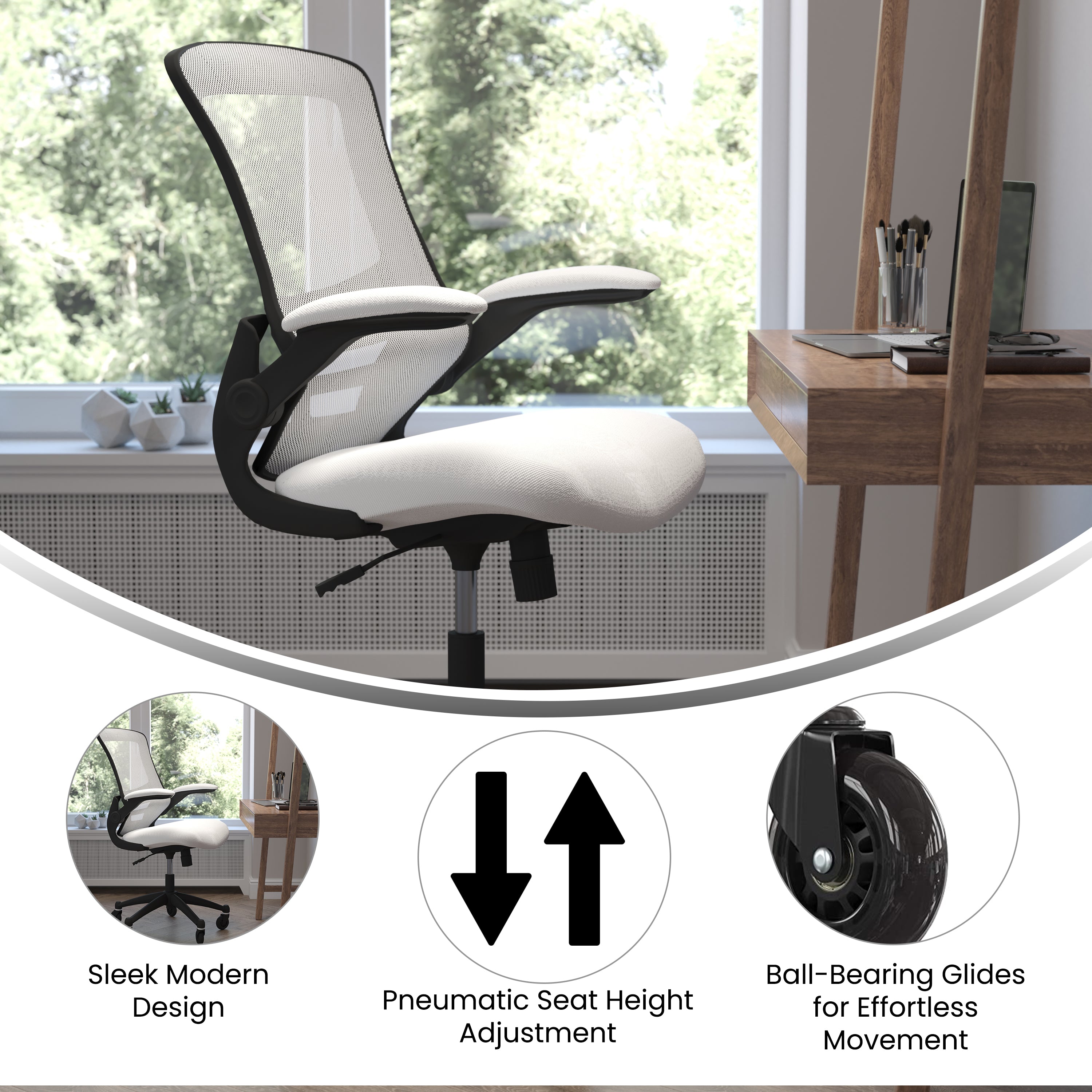 Kelista Mid-Back White Mesh Swivel Ergonomic Task Office Chair with Flip-Up Arms and Transparent Roller Wheels