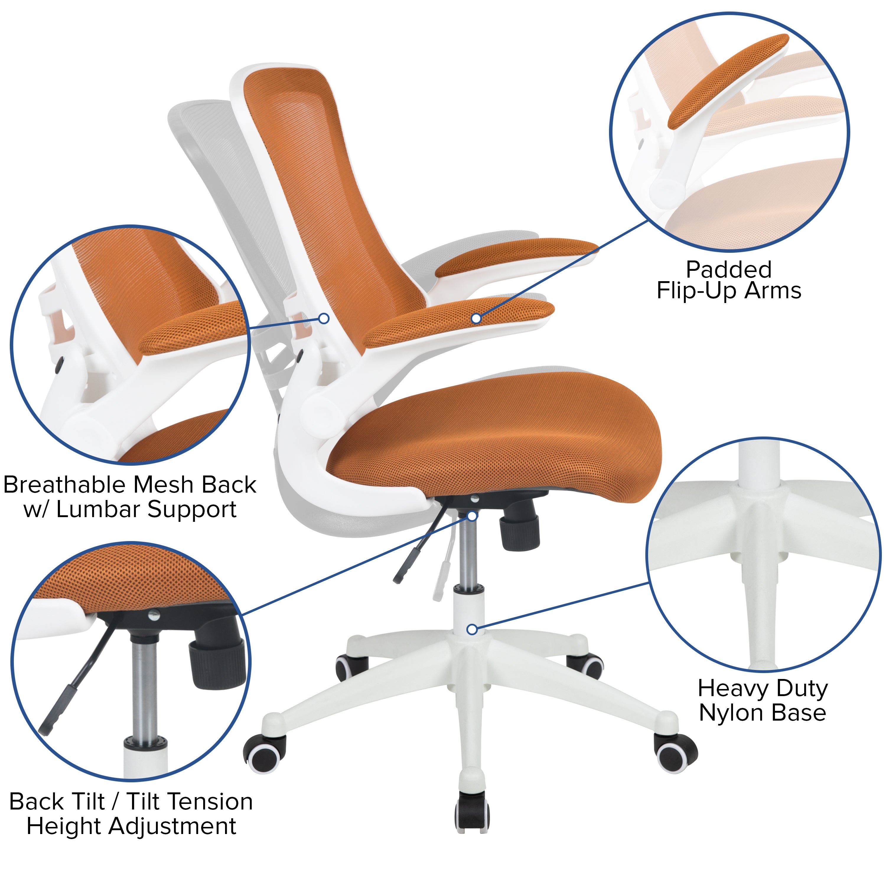 Kelista Mid-Back Tan Mesh Swivel Ergonomic Task Office Chair with White Frame and Flip-Up Arms