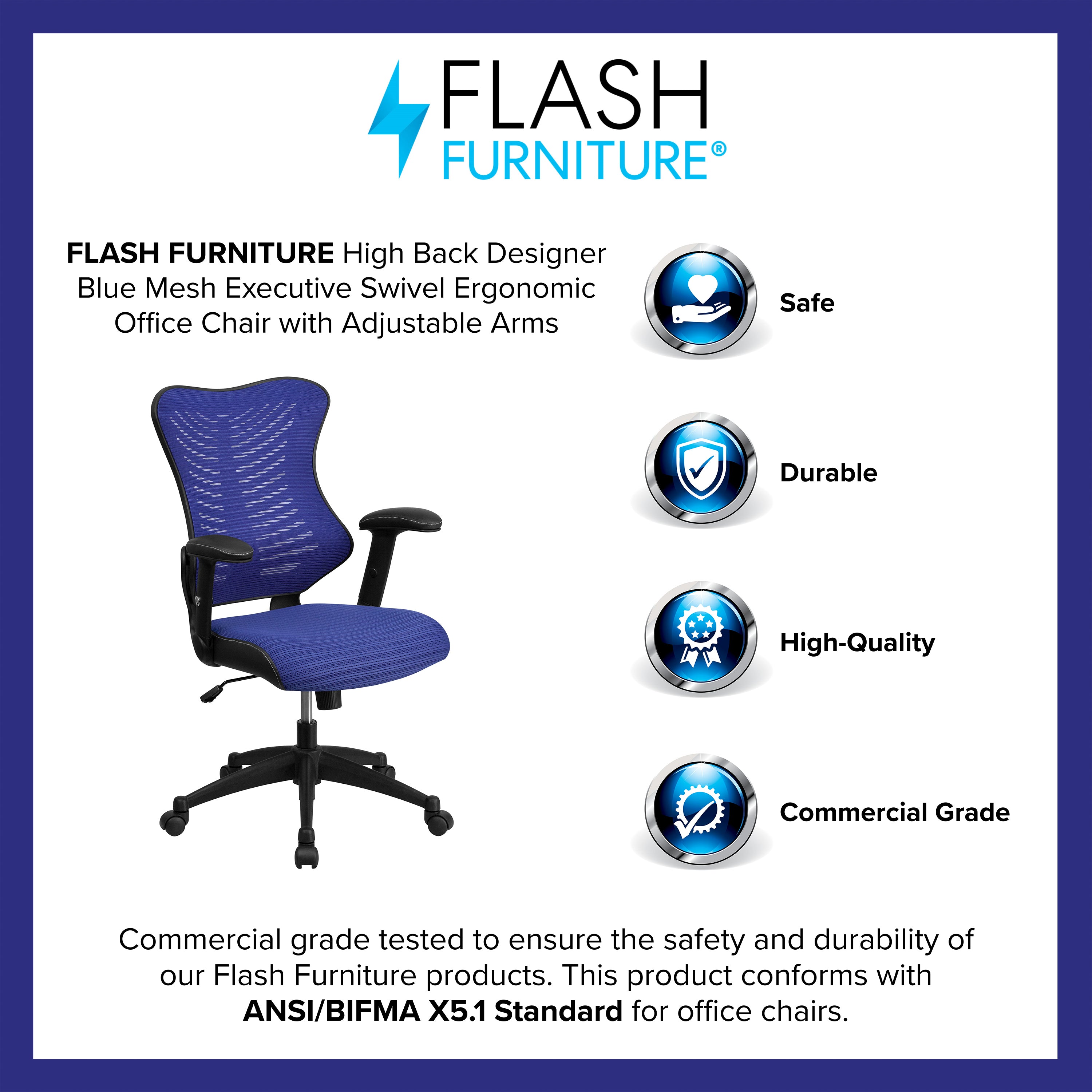 Kale High Back Designer Blue Mesh Executive Swivel Ergonomic Office Chair with Adjustable Arms
