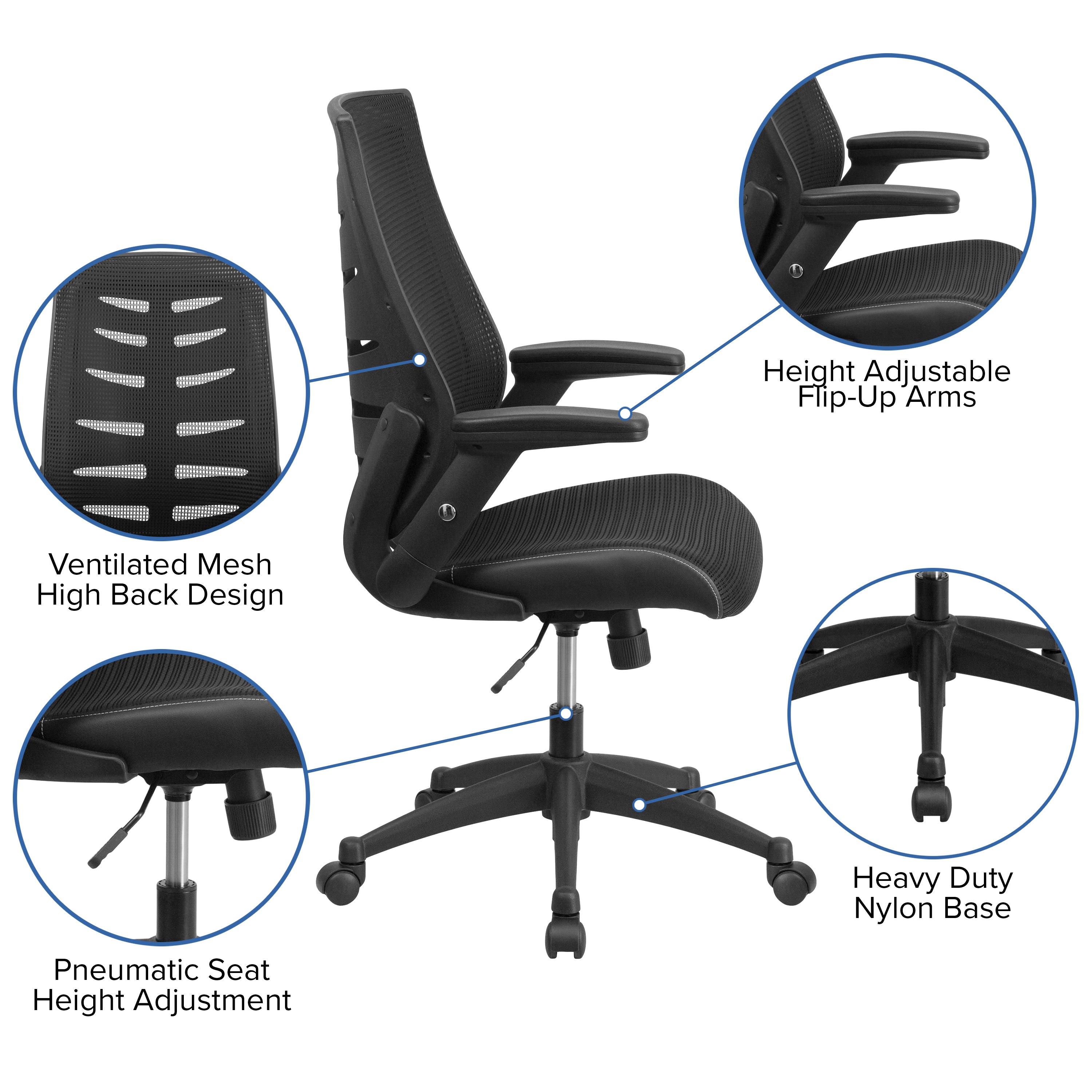Kale High Back Designer Black Mesh Executive Swivel Ergonomic Office Chair with Height Adjustable Flip-Up Arms