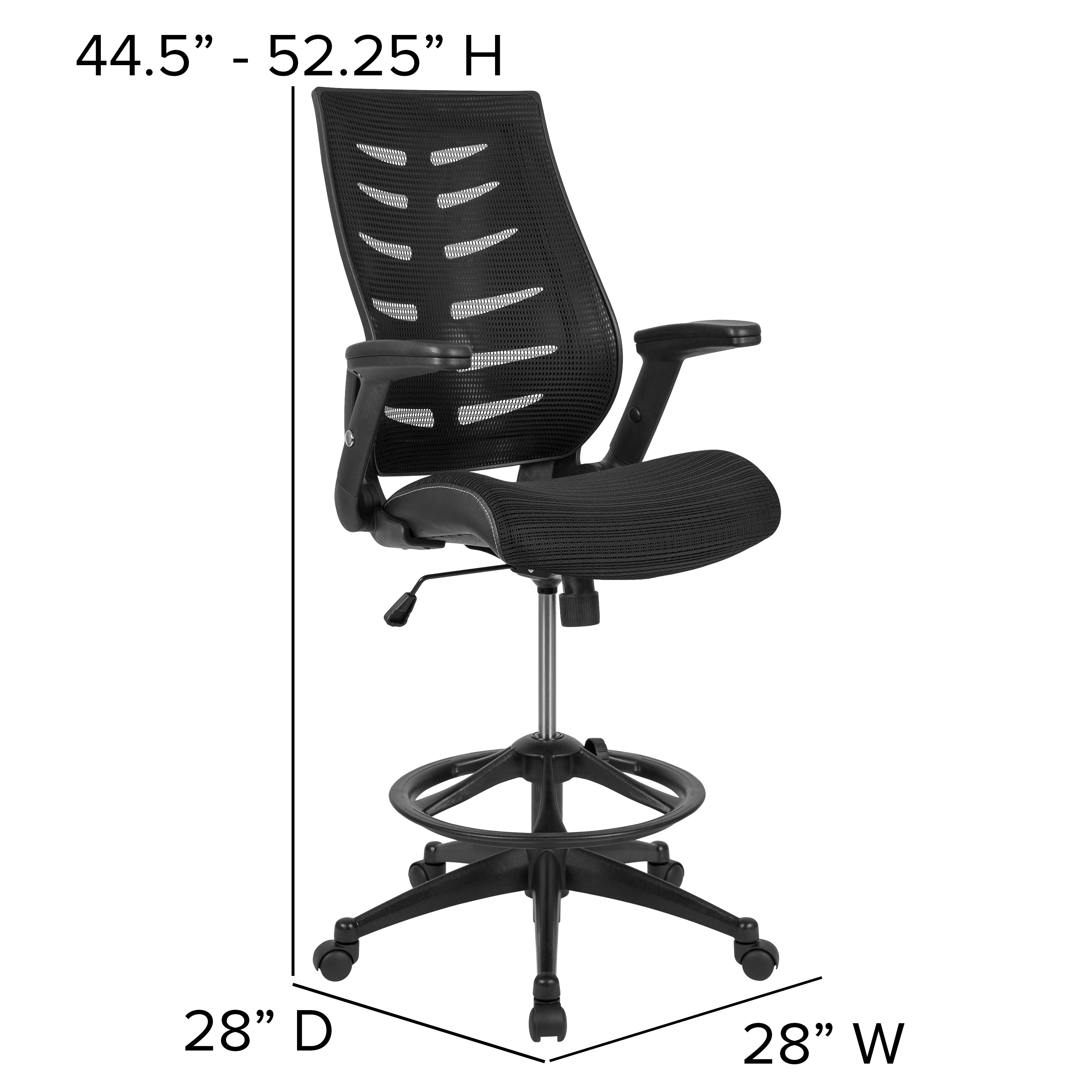 Kale High Back Black Mesh Spine-Back Ergonomic Drafting Chair with Adjustable Foot Ring and Adjustable Flip-Up Arms