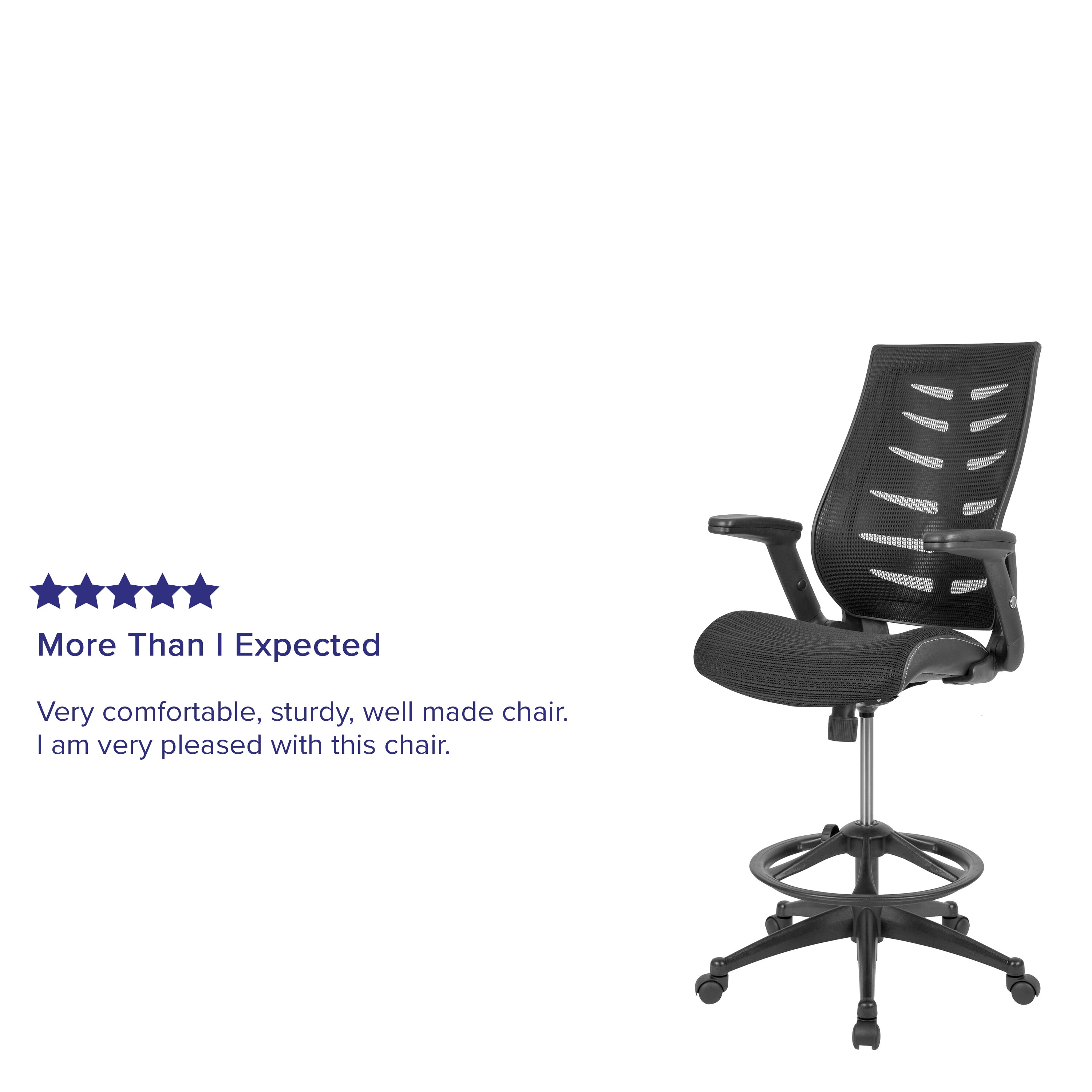 Kale High Back Black Mesh Spine-Back Ergonomic Drafting Chair with Adjustable Foot Ring and Adjustable Flip-Up Arms