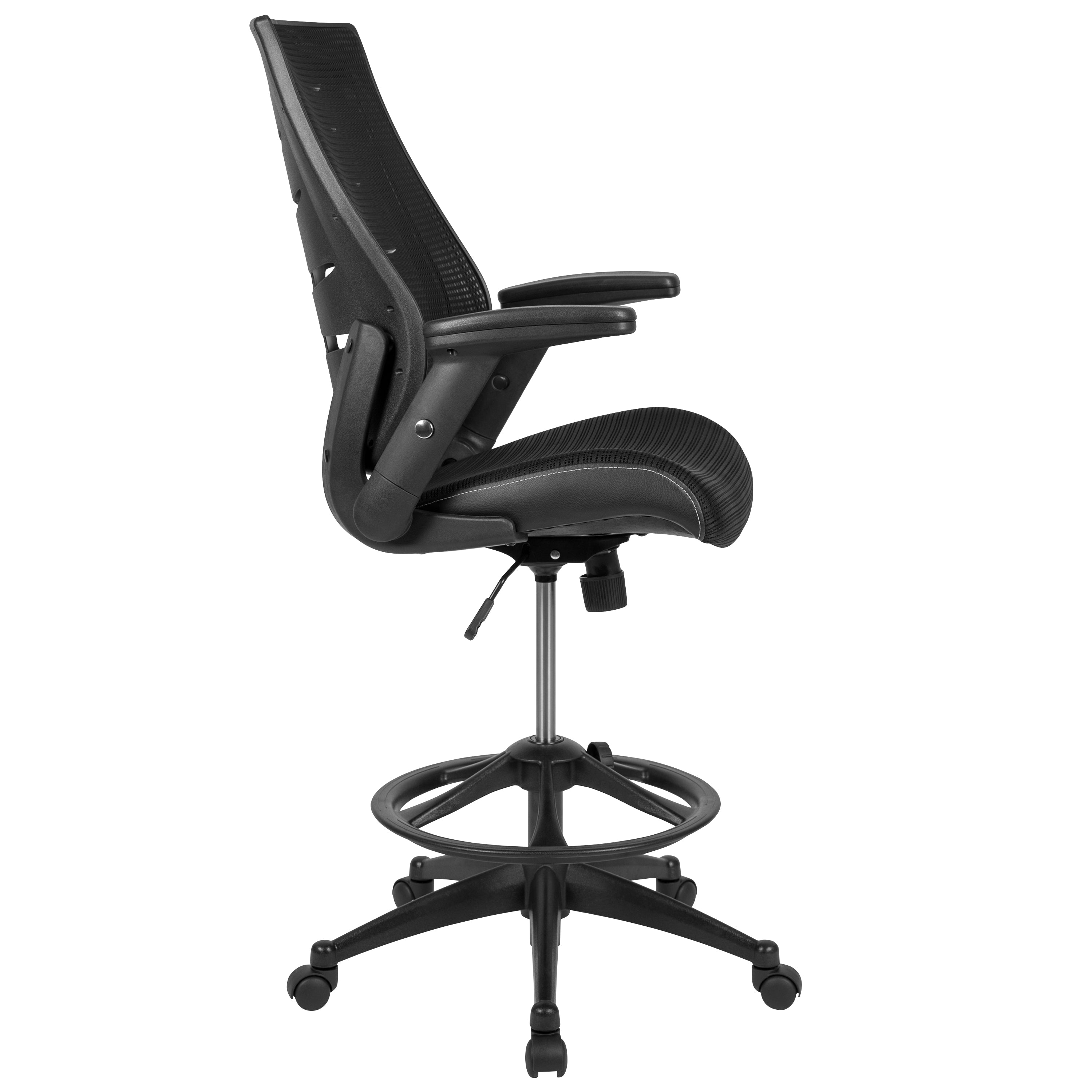 Kale High Back Black Mesh Spine-Back Ergonomic Drafting Chair with Adjustable Foot Ring and Adjustable Flip-Up Arms