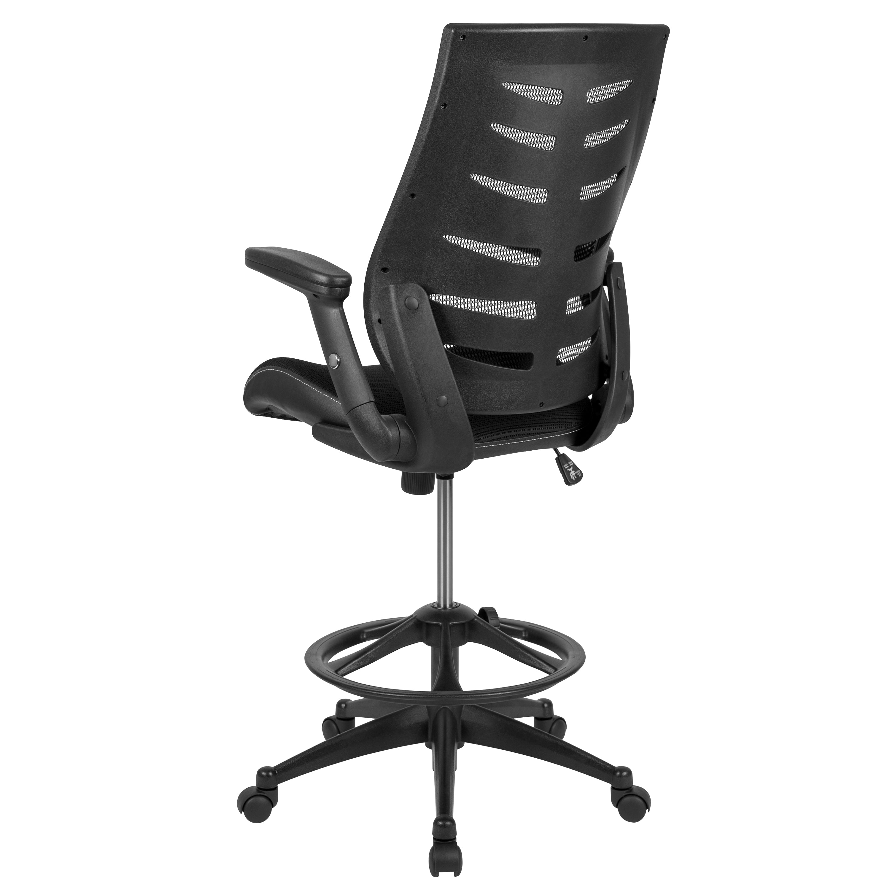 Kale High Back Black Mesh Spine-Back Ergonomic Drafting Chair with Adjustable Foot Ring and Adjustable Flip-Up Arms