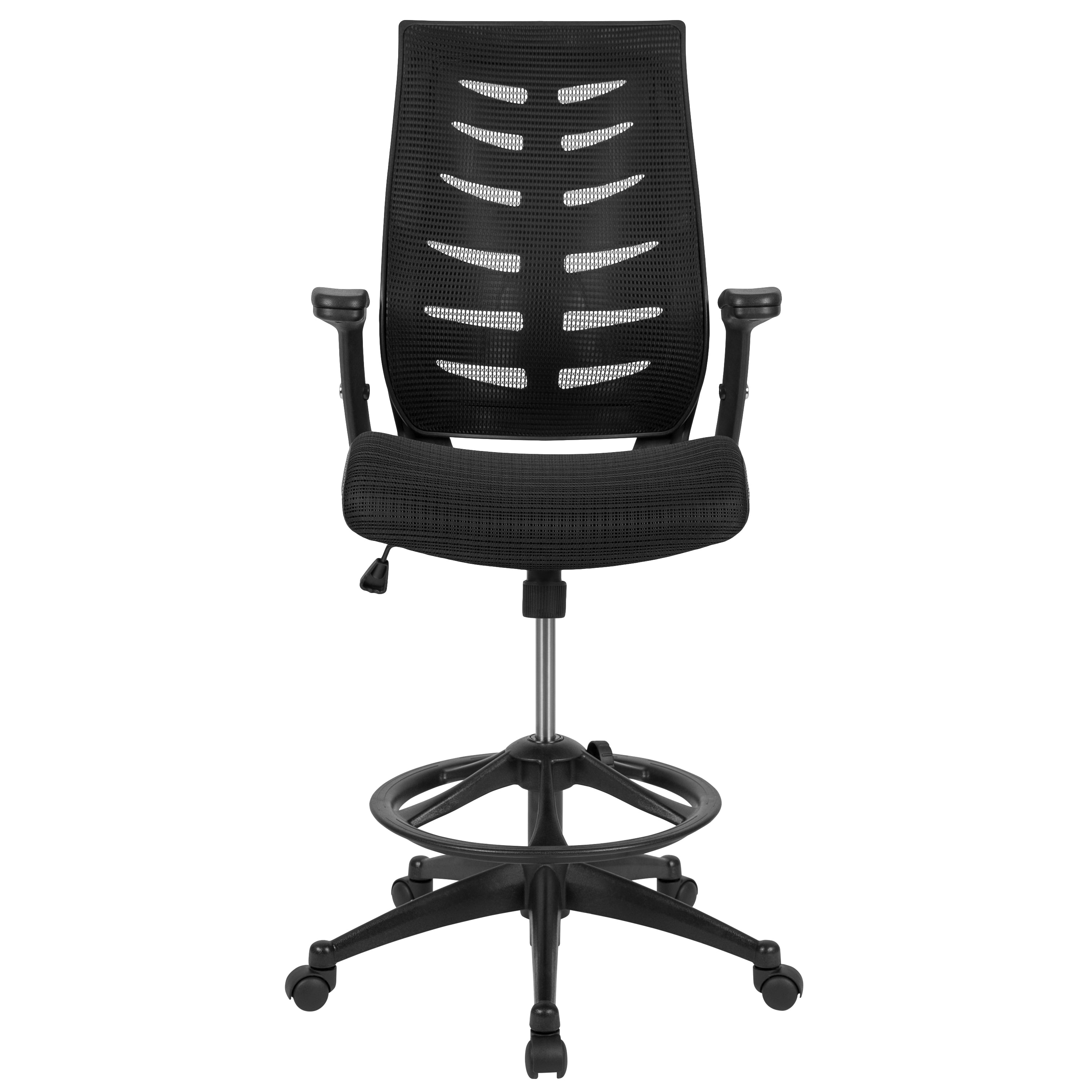 Kale High Back Black Mesh Spine-Back Ergonomic Drafting Chair with Adjustable Foot Ring and Adjustable Flip-Up Arms