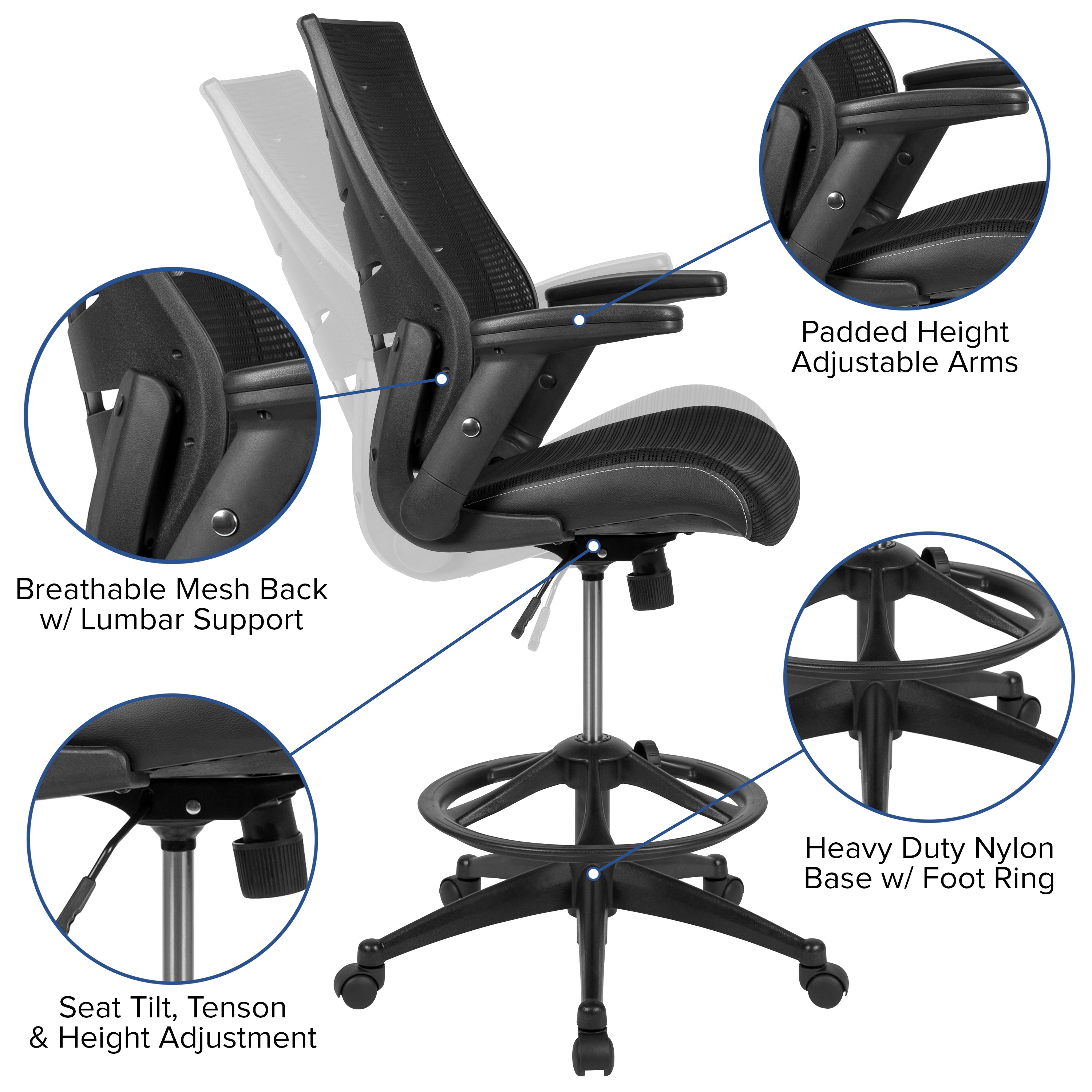 Kale High Back Black Mesh Spine-Back Ergonomic Drafting Chair with Adjustable Foot Ring and Adjustable Flip-Up Arms