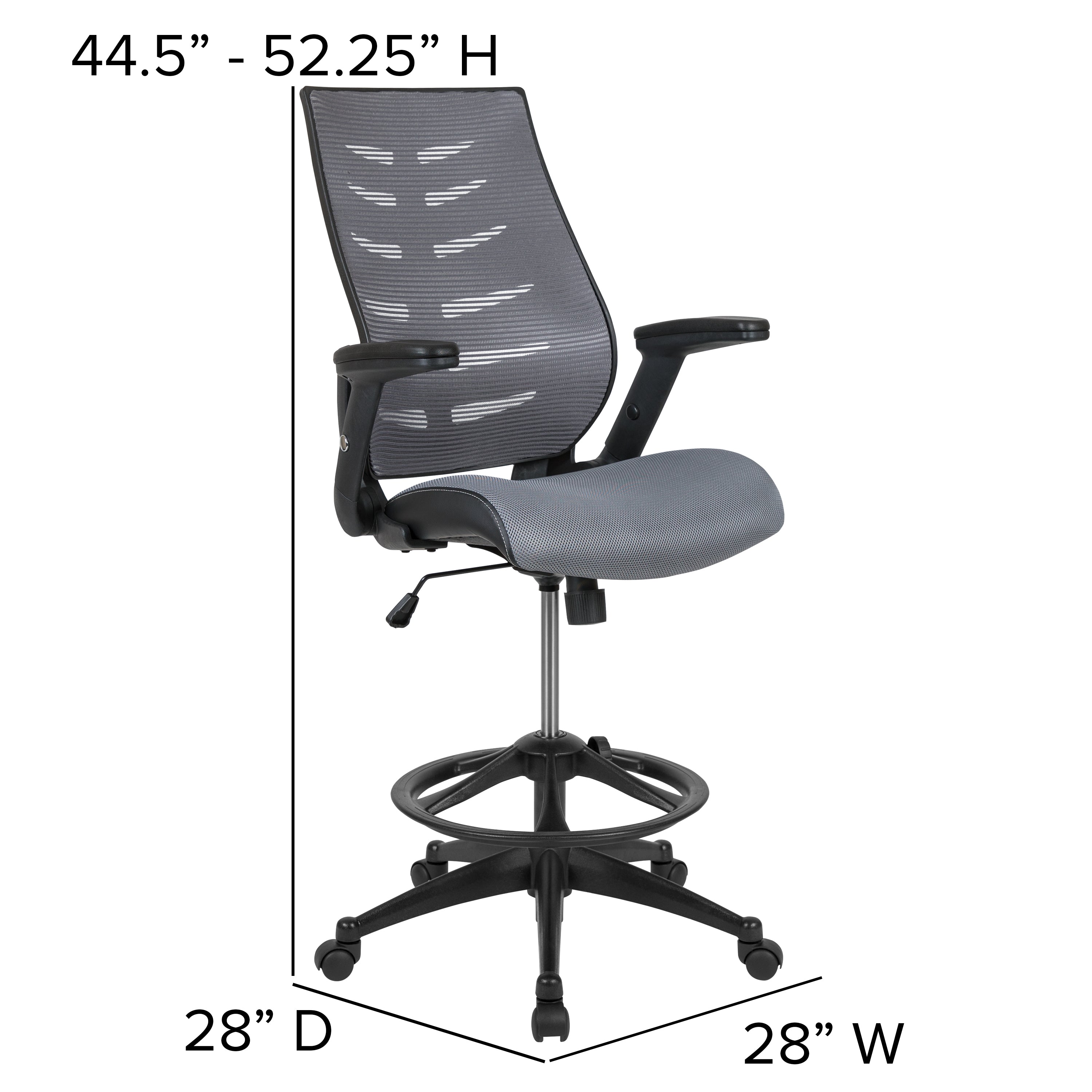Kale High Back Dark Gray Mesh Spine-Back Ergonomic Drafting Chair with Adjustable Foot Ring and Adjustable Flip-Up Arms