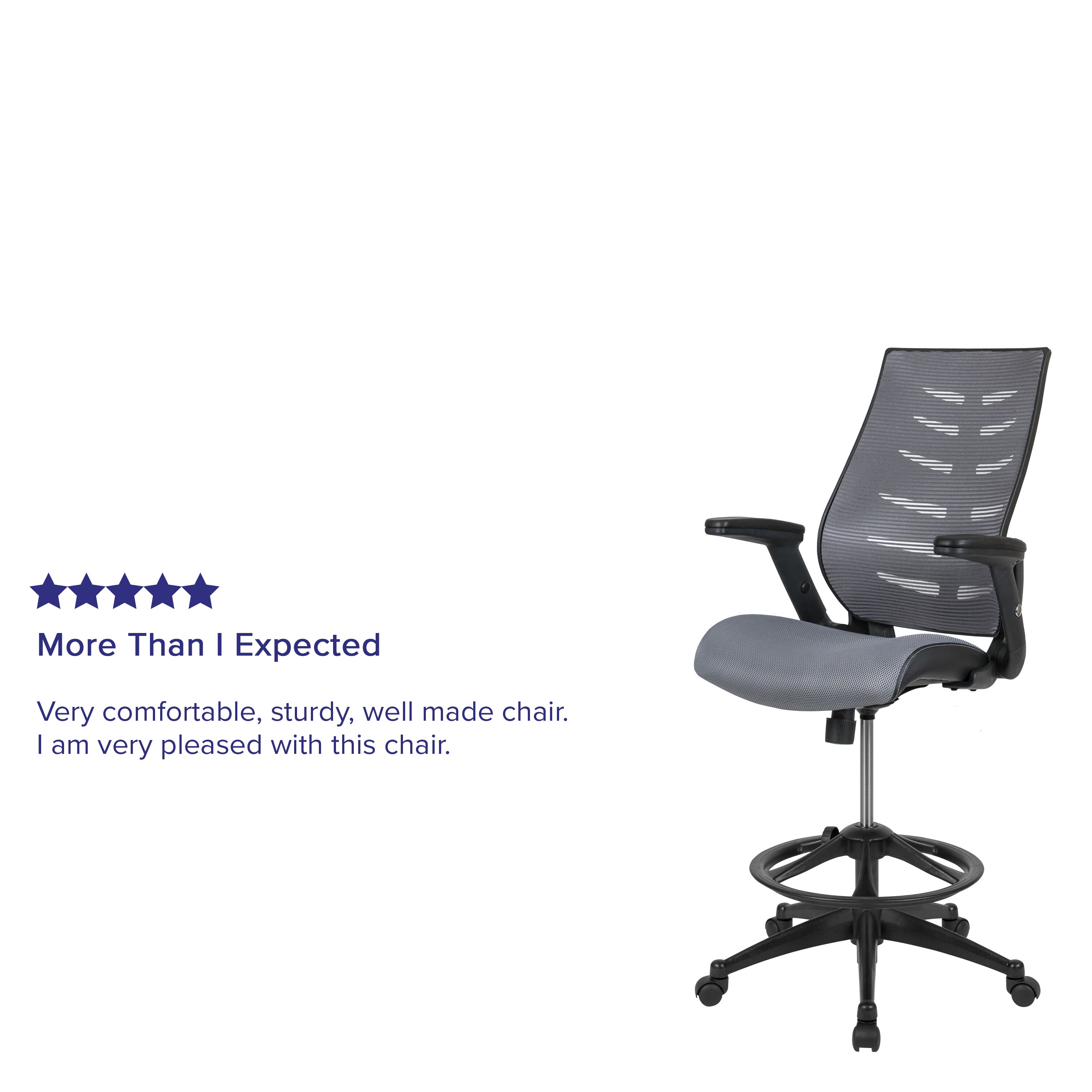 Kale High Back Dark Gray Mesh Spine-Back Ergonomic Drafting Chair with Adjustable Foot Ring and Adjustable Flip-Up Arms