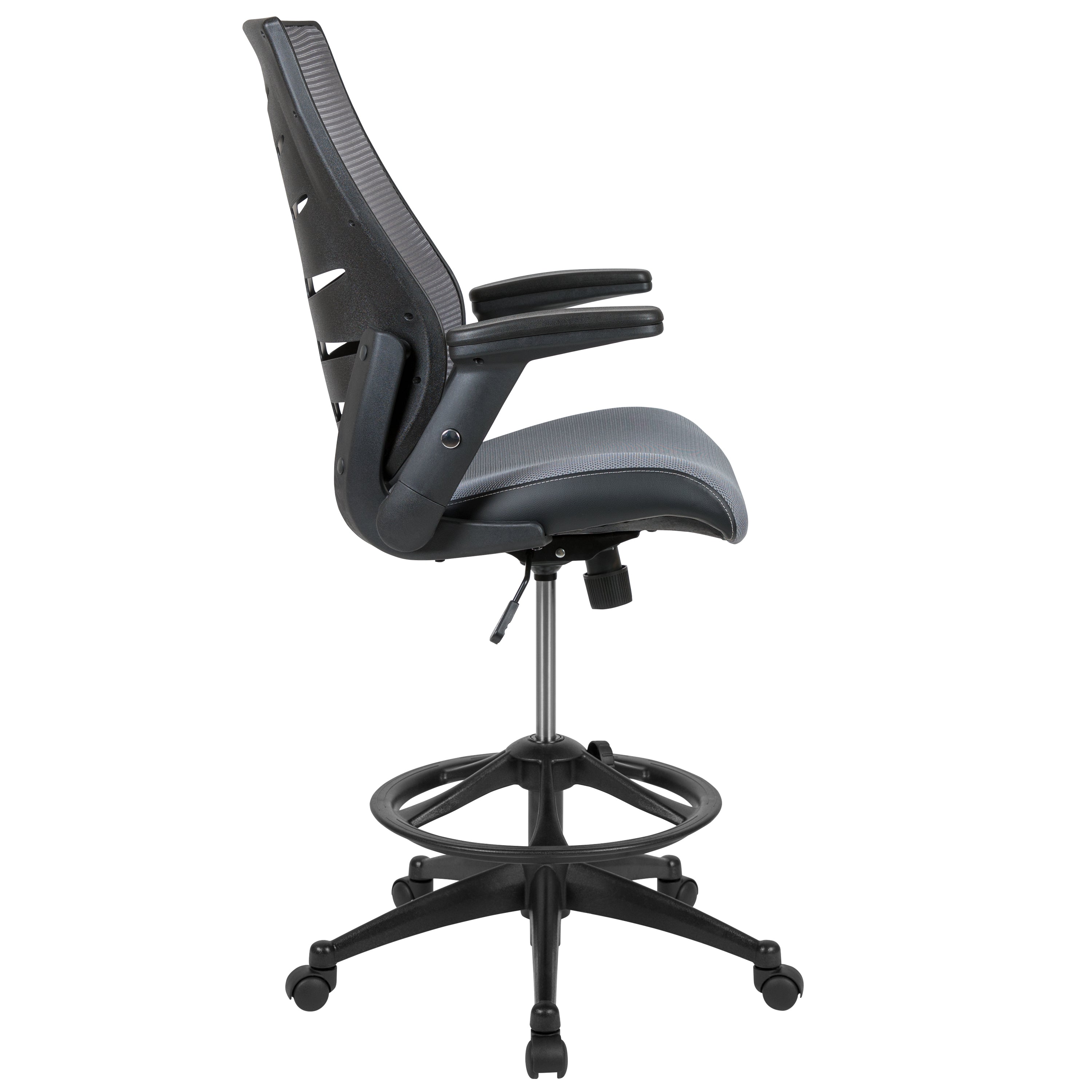 Kale High Back Dark Gray Mesh Spine-Back Ergonomic Drafting Chair with Adjustable Foot Ring and Adjustable Flip-Up Arms