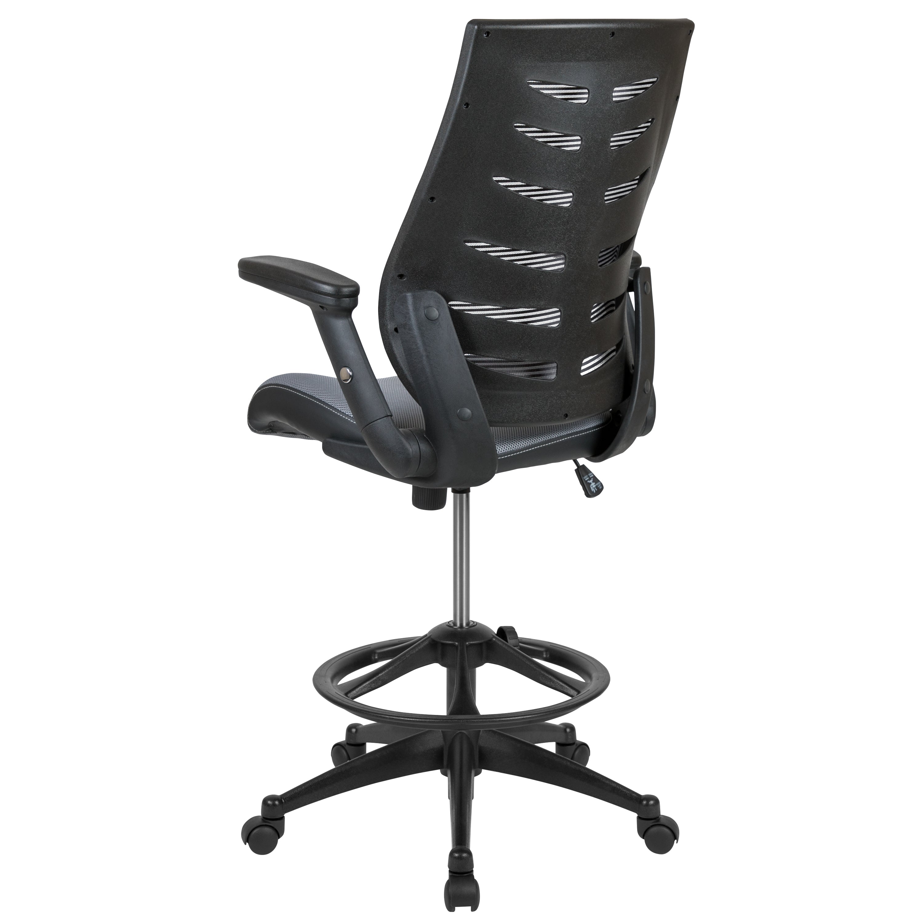 Kale High Back Dark Gray Mesh Spine-Back Ergonomic Drafting Chair with Adjustable Foot Ring and Adjustable Flip-Up Arms