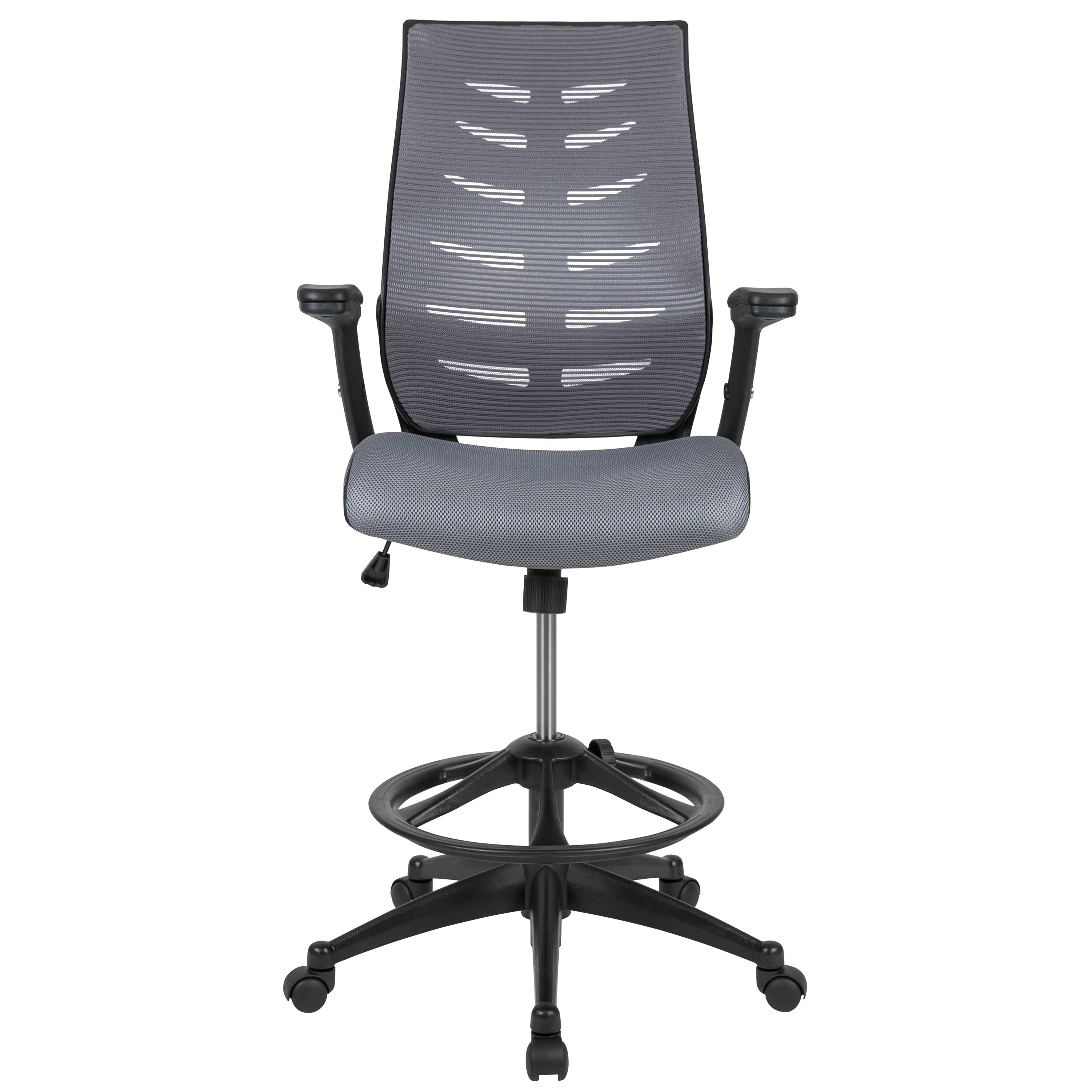Kale High Back Dark Gray Mesh Spine-Back Ergonomic Drafting Chair with Adjustable Foot Ring and Adjustable Flip-Up Arms