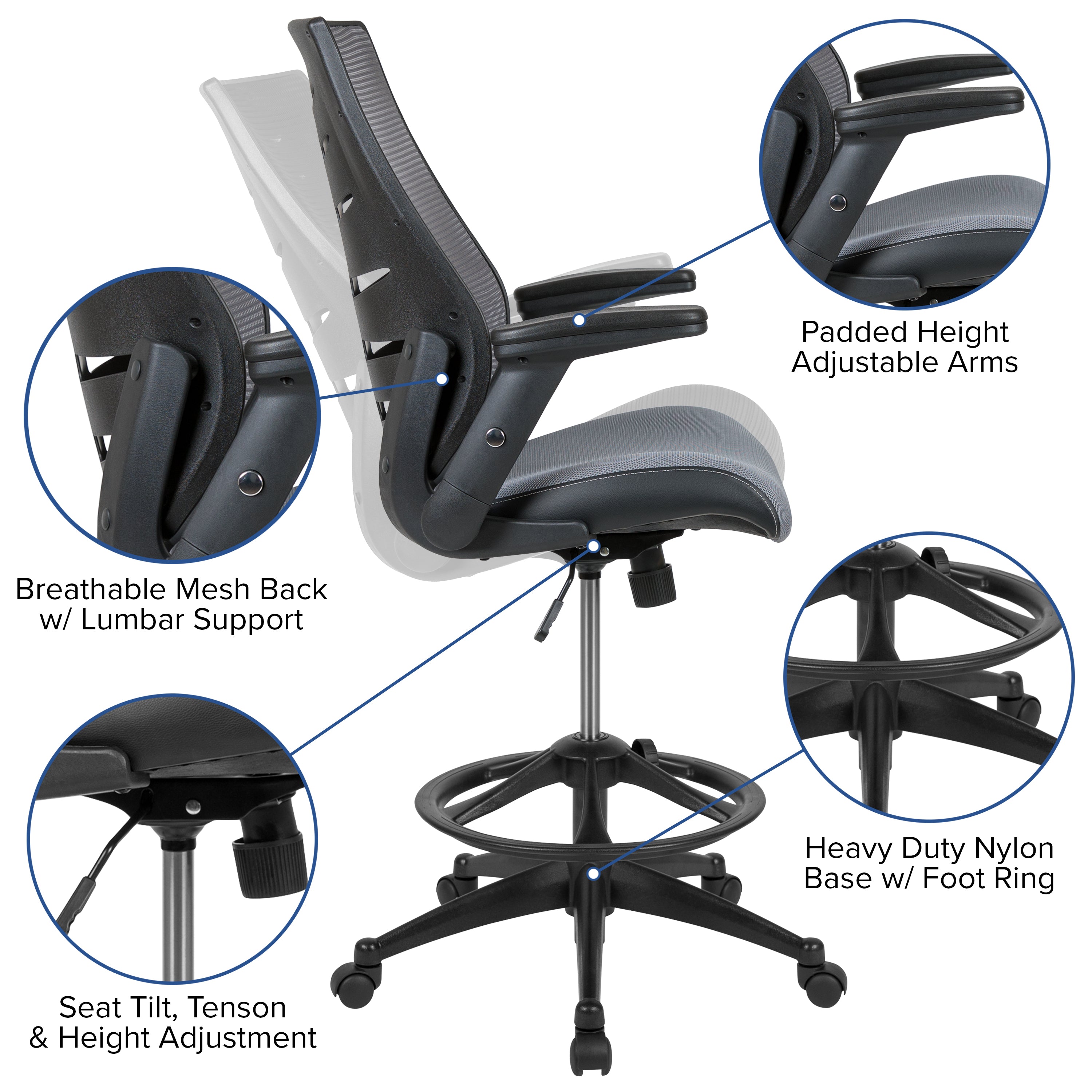Kale High Back Dark Gray Mesh Spine-Back Ergonomic Drafting Chair with Adjustable Foot Ring and Adjustable Flip-Up Arms