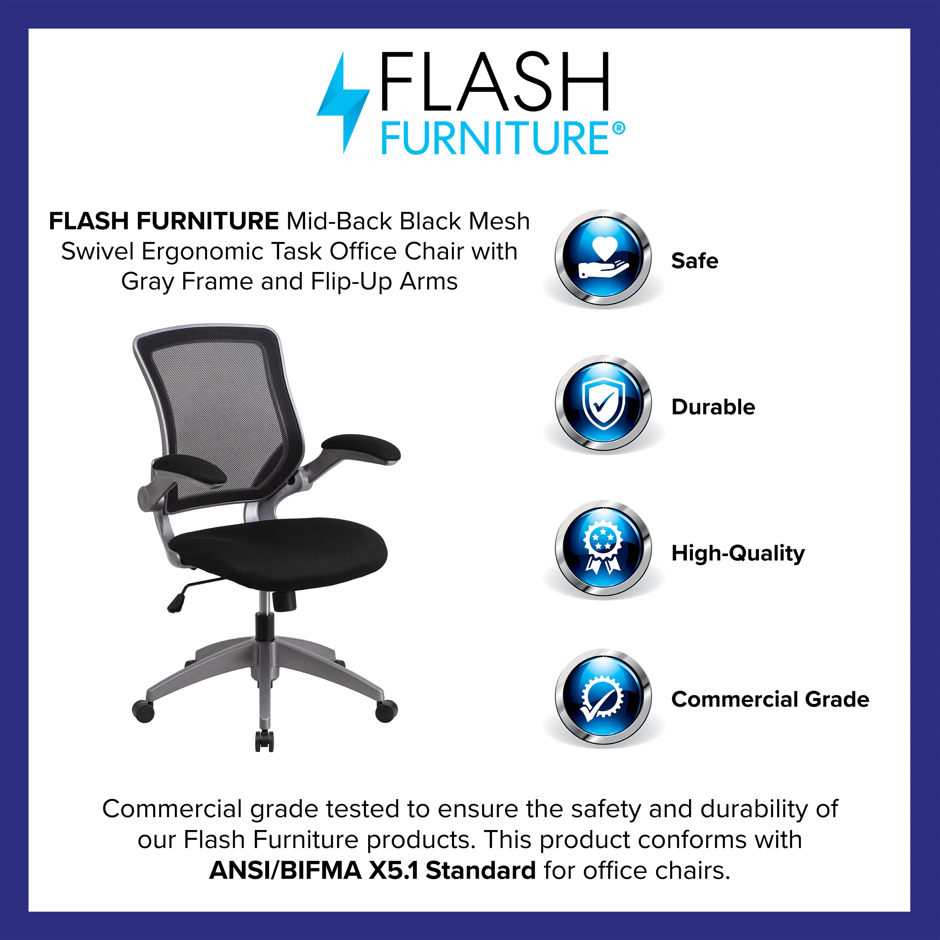 Kale Mid-Back Black Mesh Swivel Ergonomic Task Office Chair with Gray Frame and Flip-Up Arms