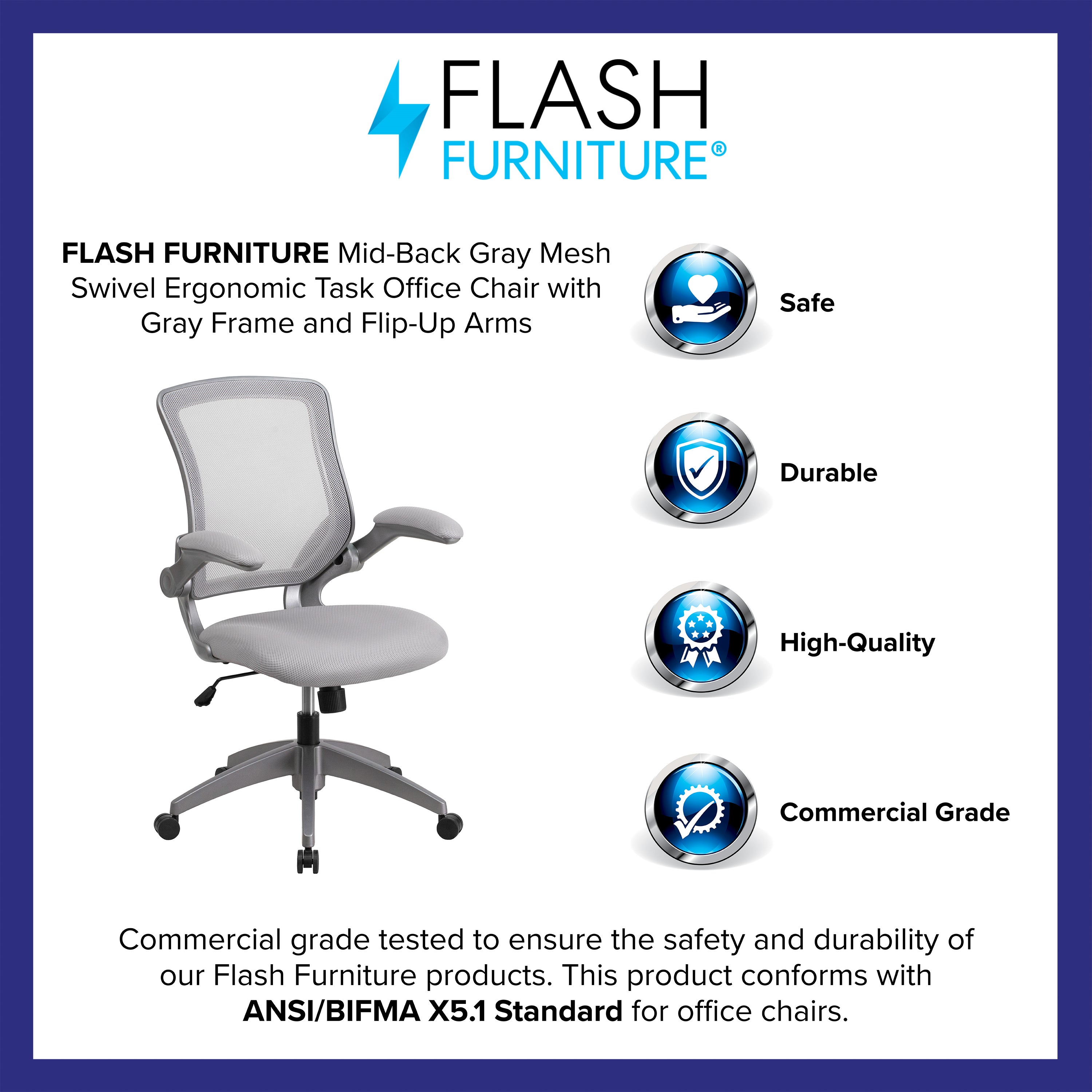 Kale Mid-Back Gray Mesh Swivel Ergonomic Task Office Chair with Gray Frame and Flip-Up Arms