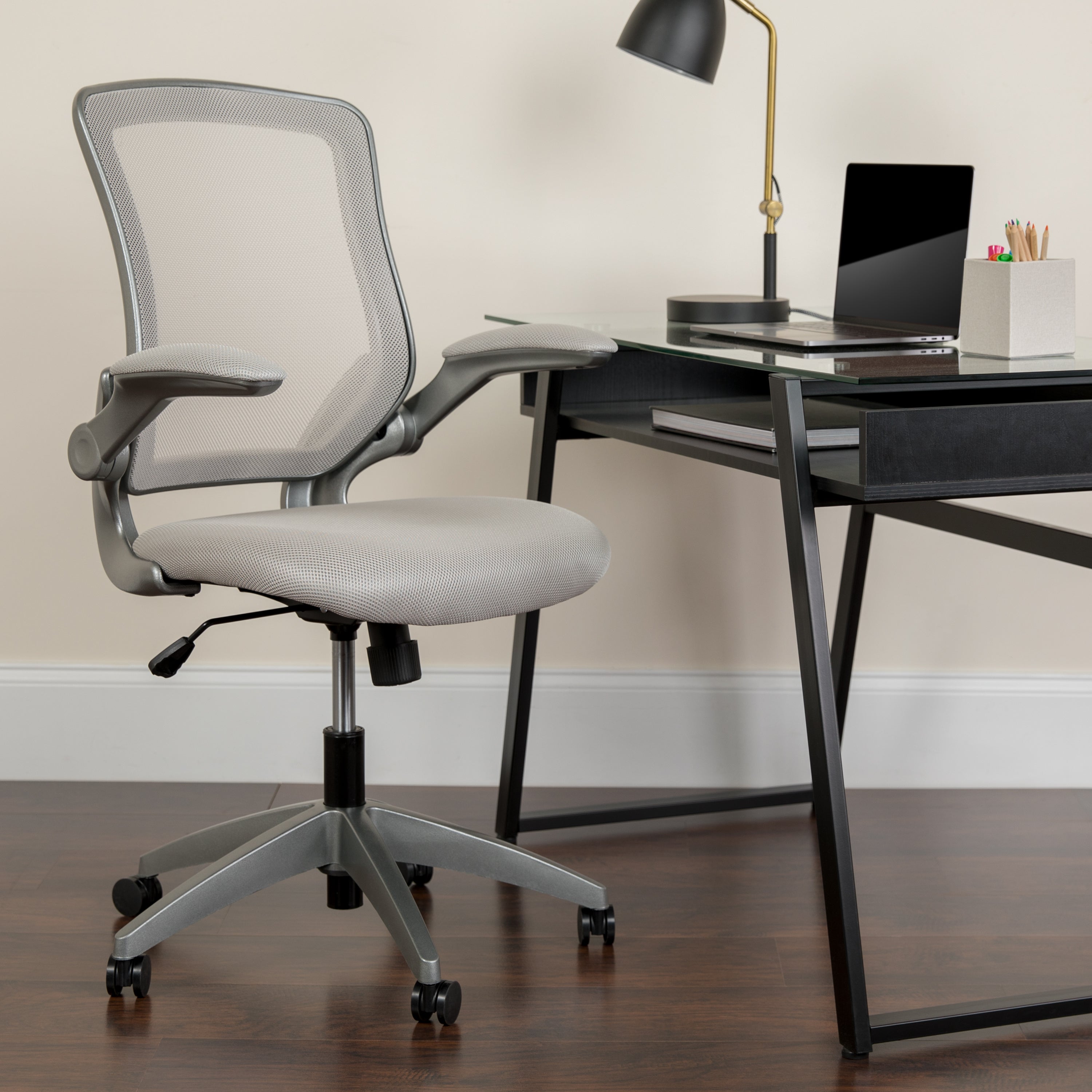 Kale Mid-Back Gray Mesh Swivel Ergonomic Task Office Chair with Gray Frame and Flip-Up Arms