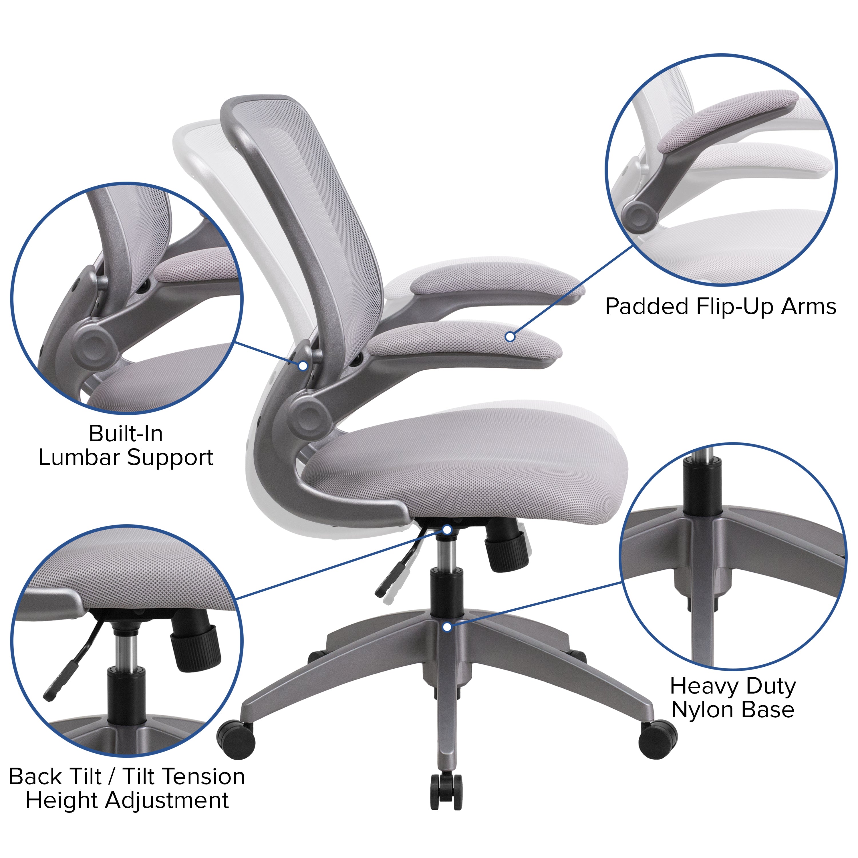 Kale Mid-Back Gray Mesh Swivel Ergonomic Task Office Chair with Gray Frame and Flip-Up Arms