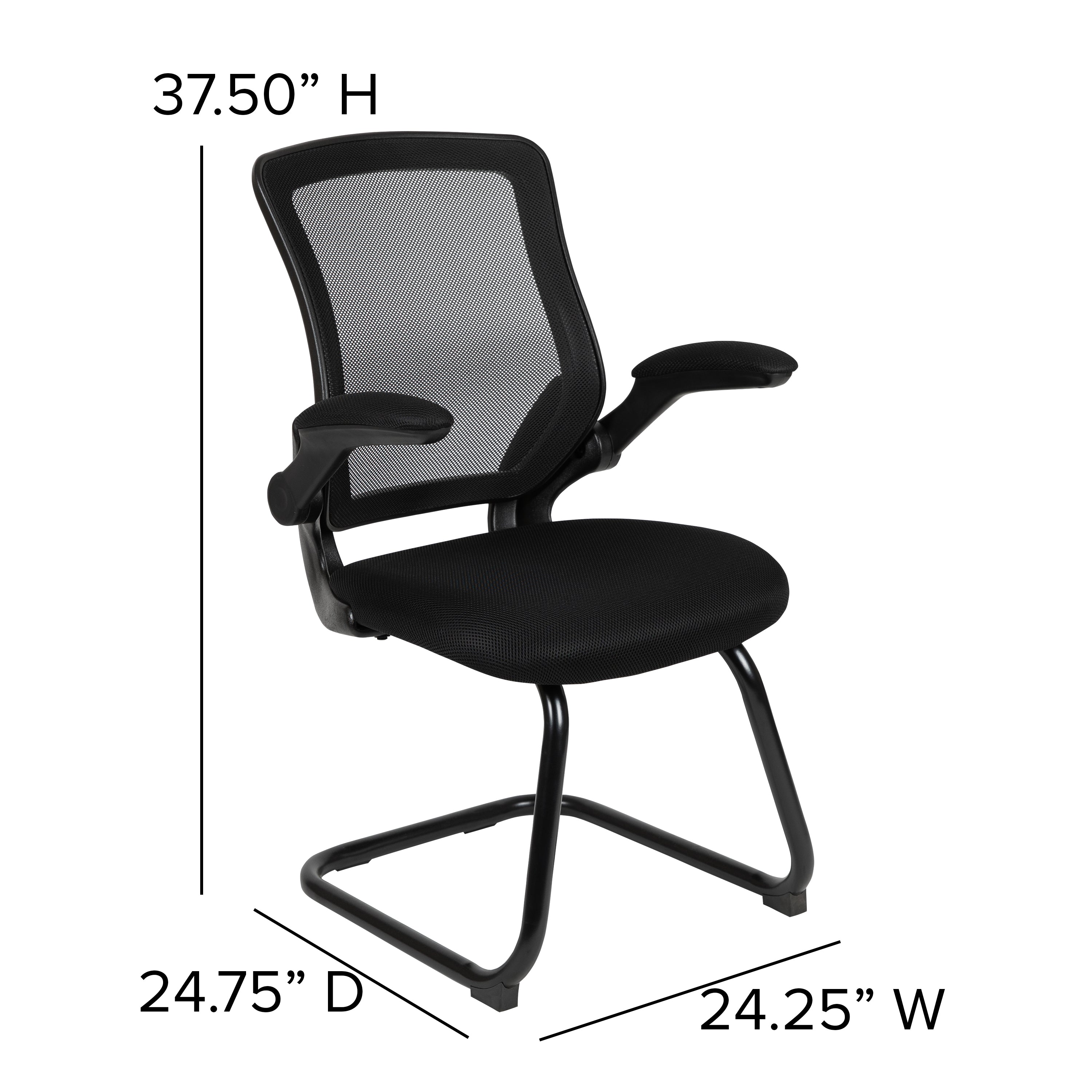Kale Black Mesh Sled Base Side Reception Chair with Flip-Up Arms