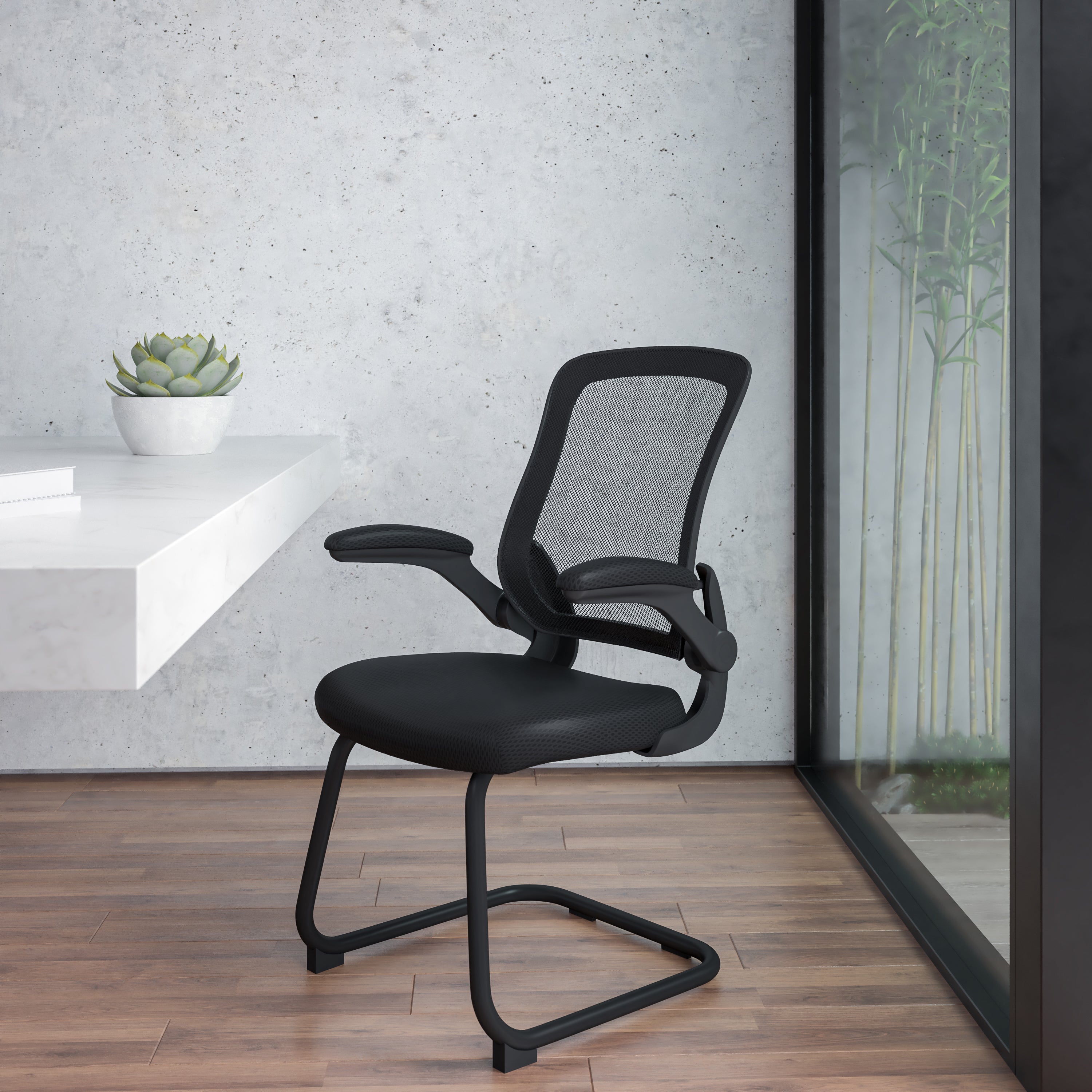 Kale Black Mesh Sled Base Side Reception Chair with Flip-Up Arms