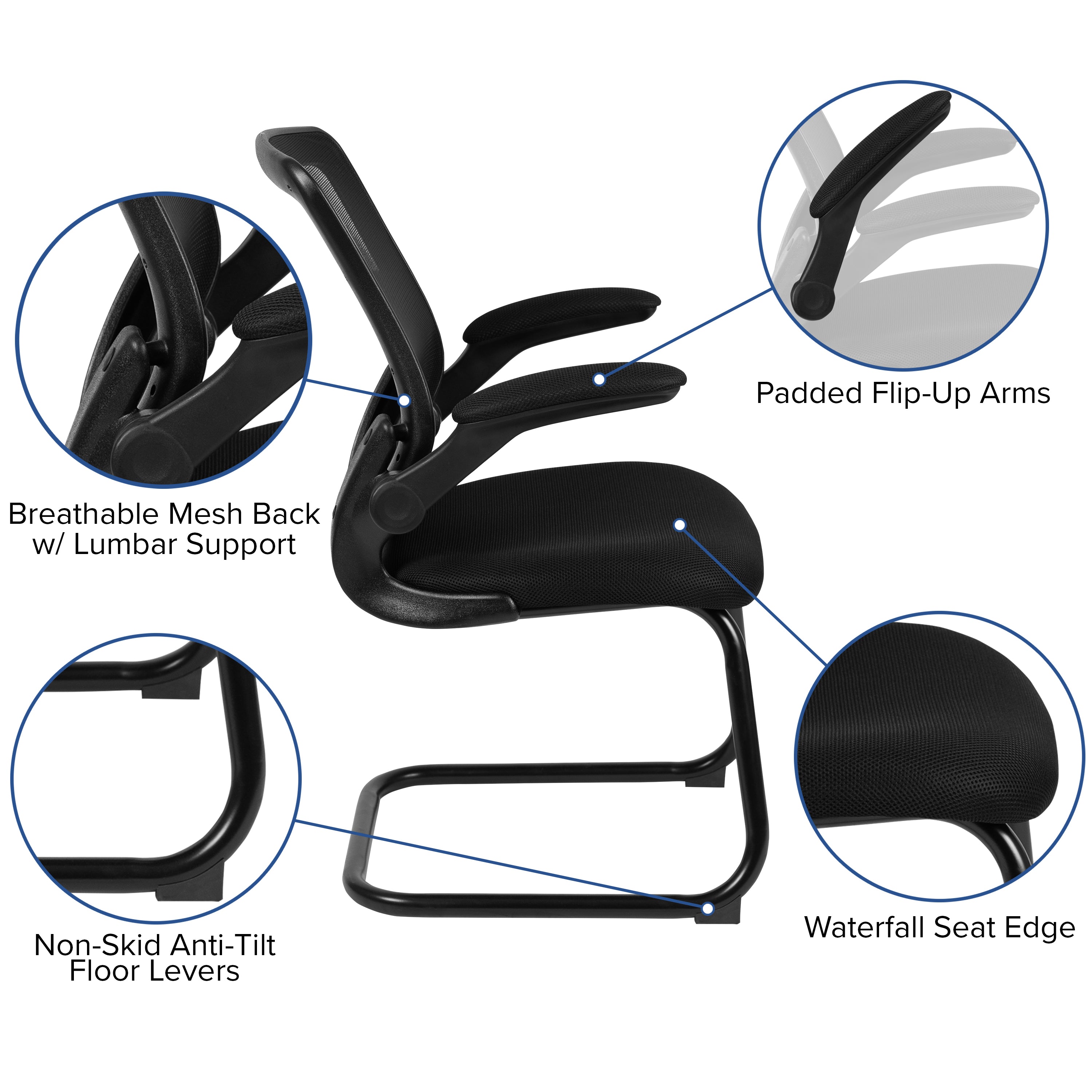Kale Black Mesh Sled Base Side Reception Chair with Flip-Up Arms