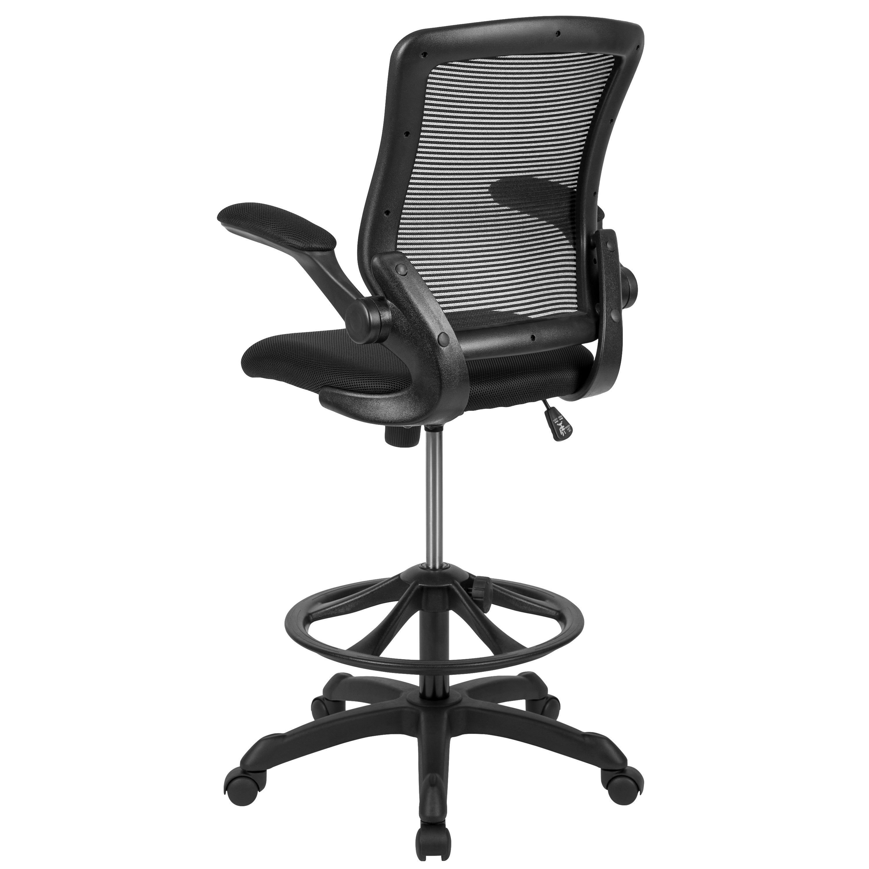 Kale Mid-Back Black Mesh Ergonomic Drafting Chair with Adjustable Foot Ring and Flip-Up Arms