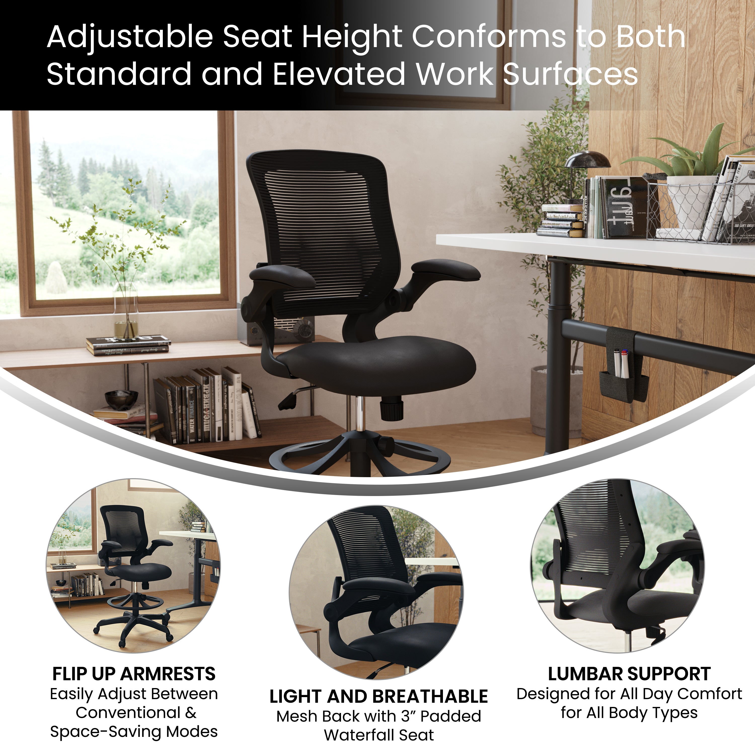 Kale Mid-Back Black Mesh Ergonomic Drafting Chair with Adjustable Foot Ring and Flip-Up Arms