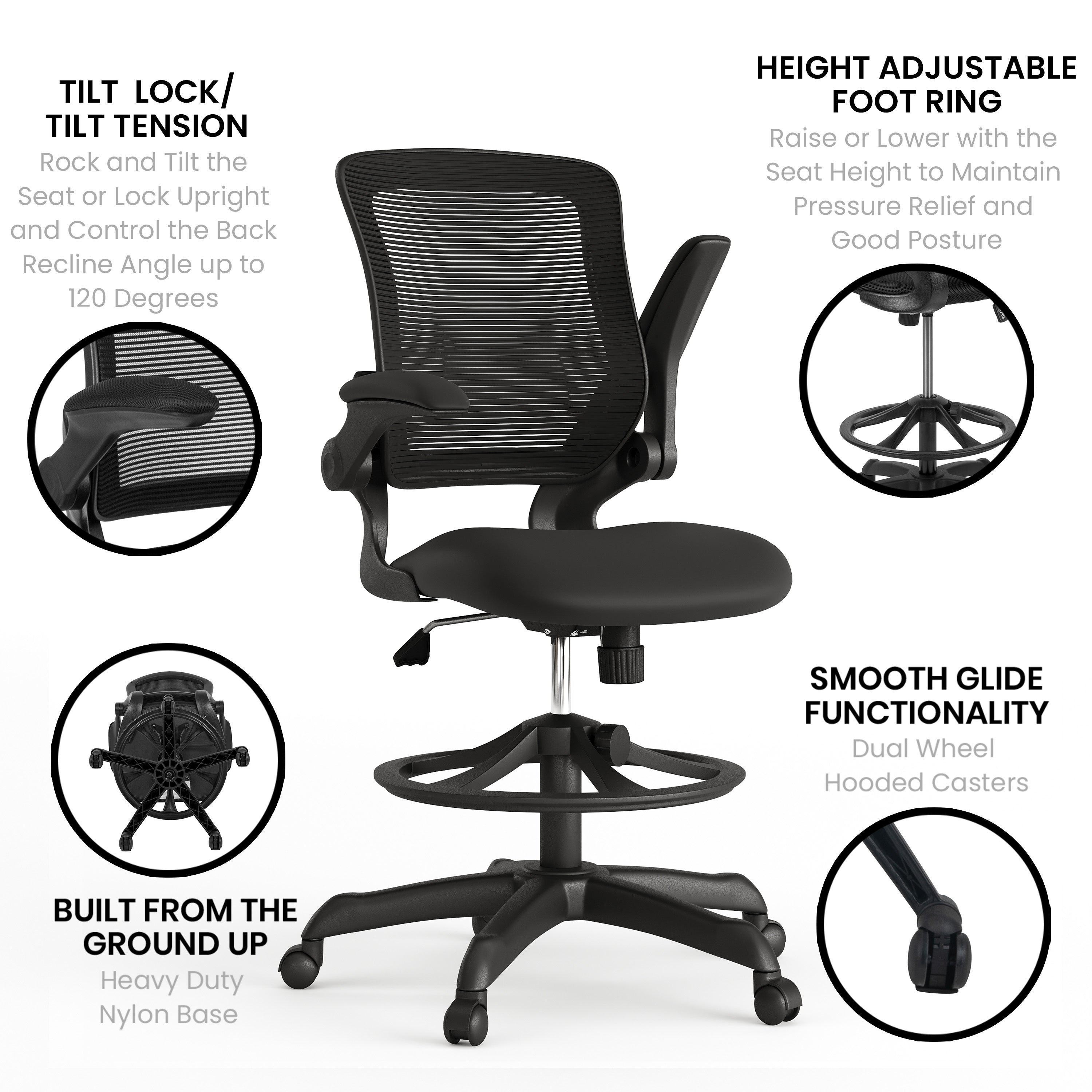 Kale Mid-Back Black Mesh Ergonomic Drafting Chair with Adjustable Foot Ring and Flip-Up Arms