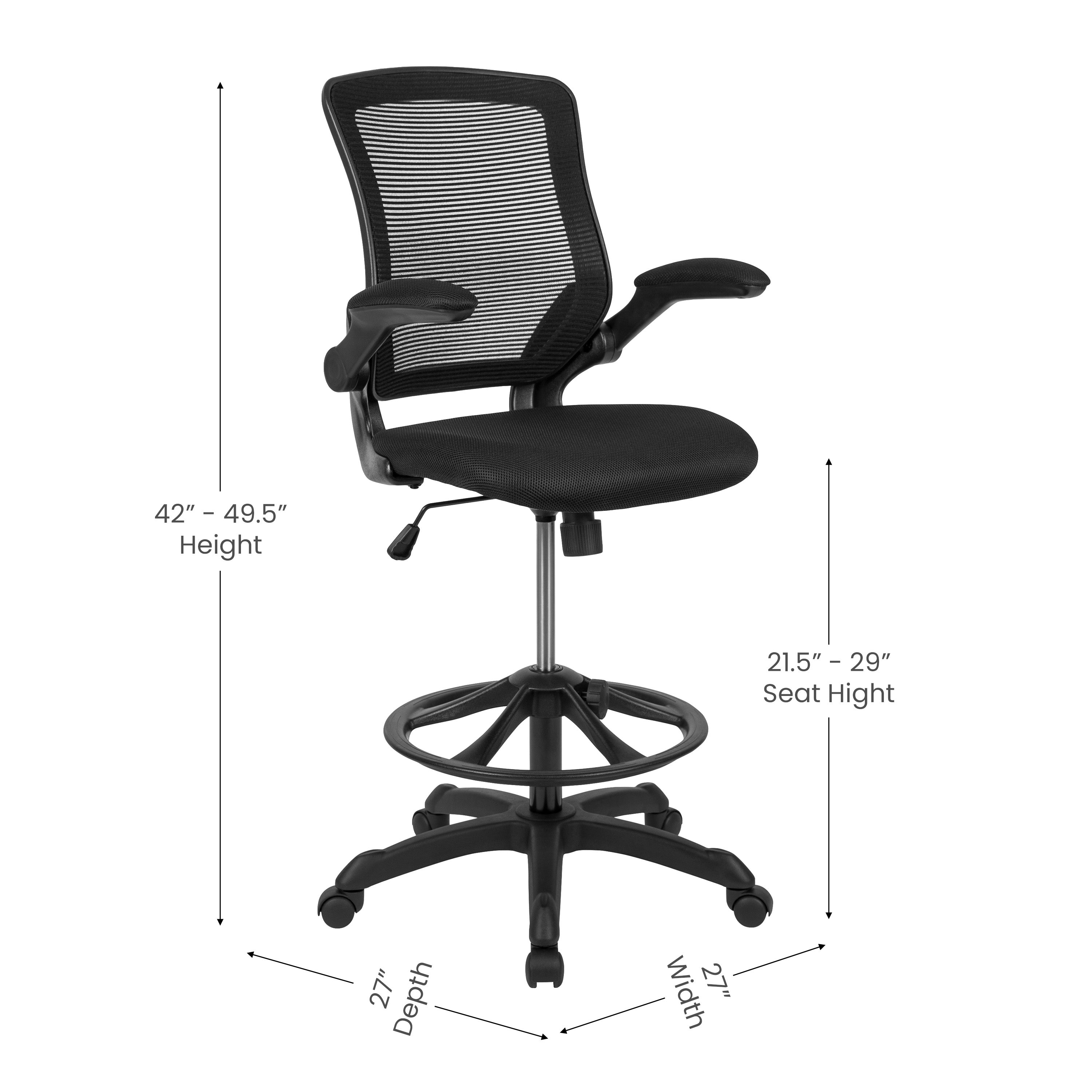 Kale Mid-Back Black Mesh Ergonomic Drafting Chair with Adjustable Foot Ring and Flip-Up Arms