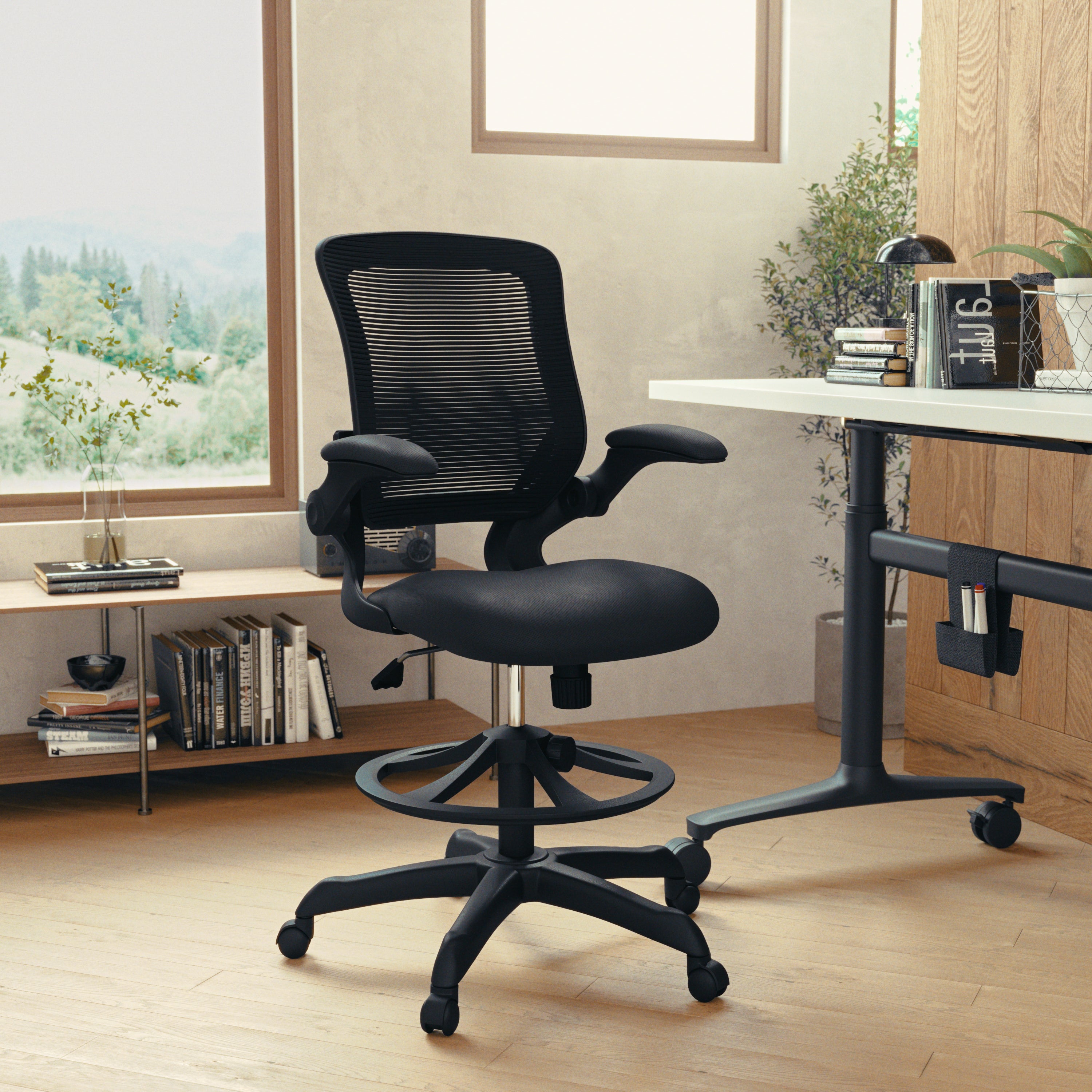Kale Mid-Back Black Mesh Ergonomic Drafting Chair with Adjustable Foot Ring and Flip-Up Arms
