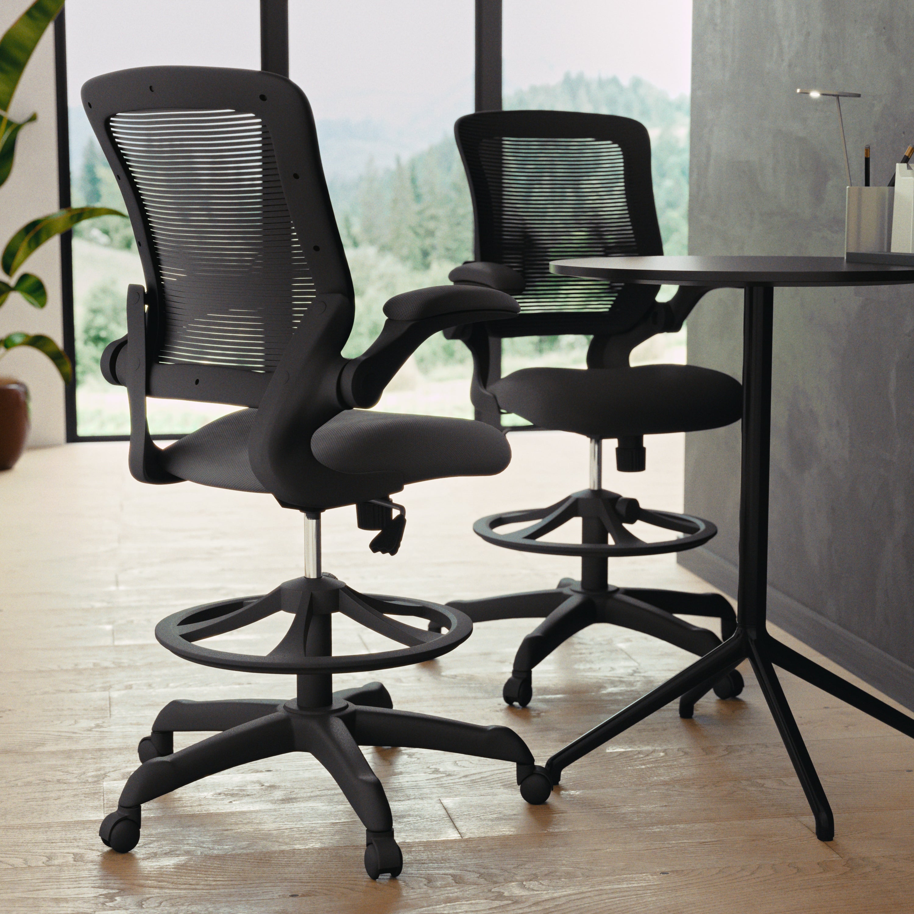 Kale Mid-Back Black Mesh Ergonomic Drafting Chair with Adjustable Foot Ring and Flip-Up Arms