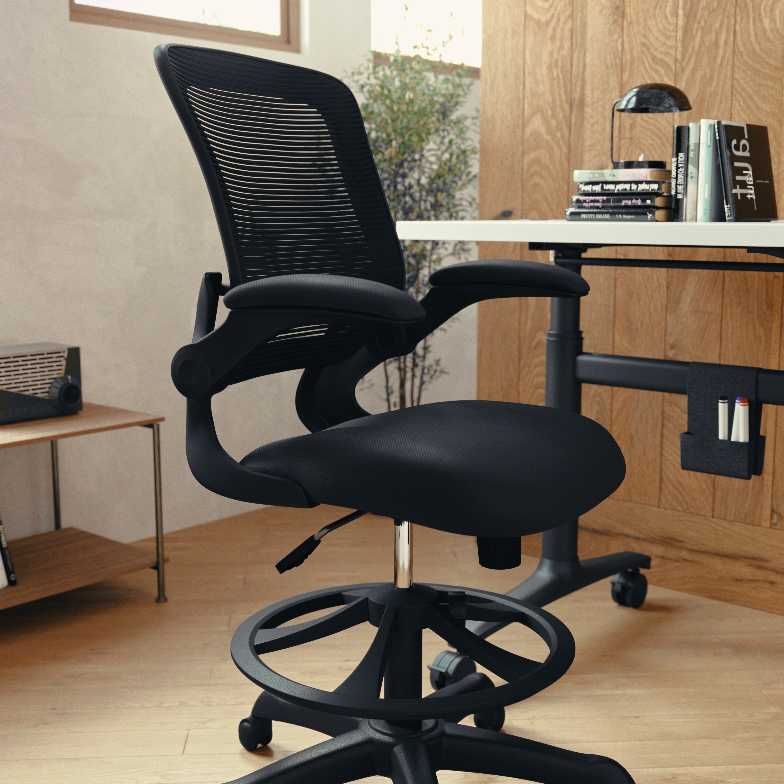 Kale Mid-Back Black Mesh Ergonomic Drafting Chair with Adjustable Foot Ring and Flip-Up Arms