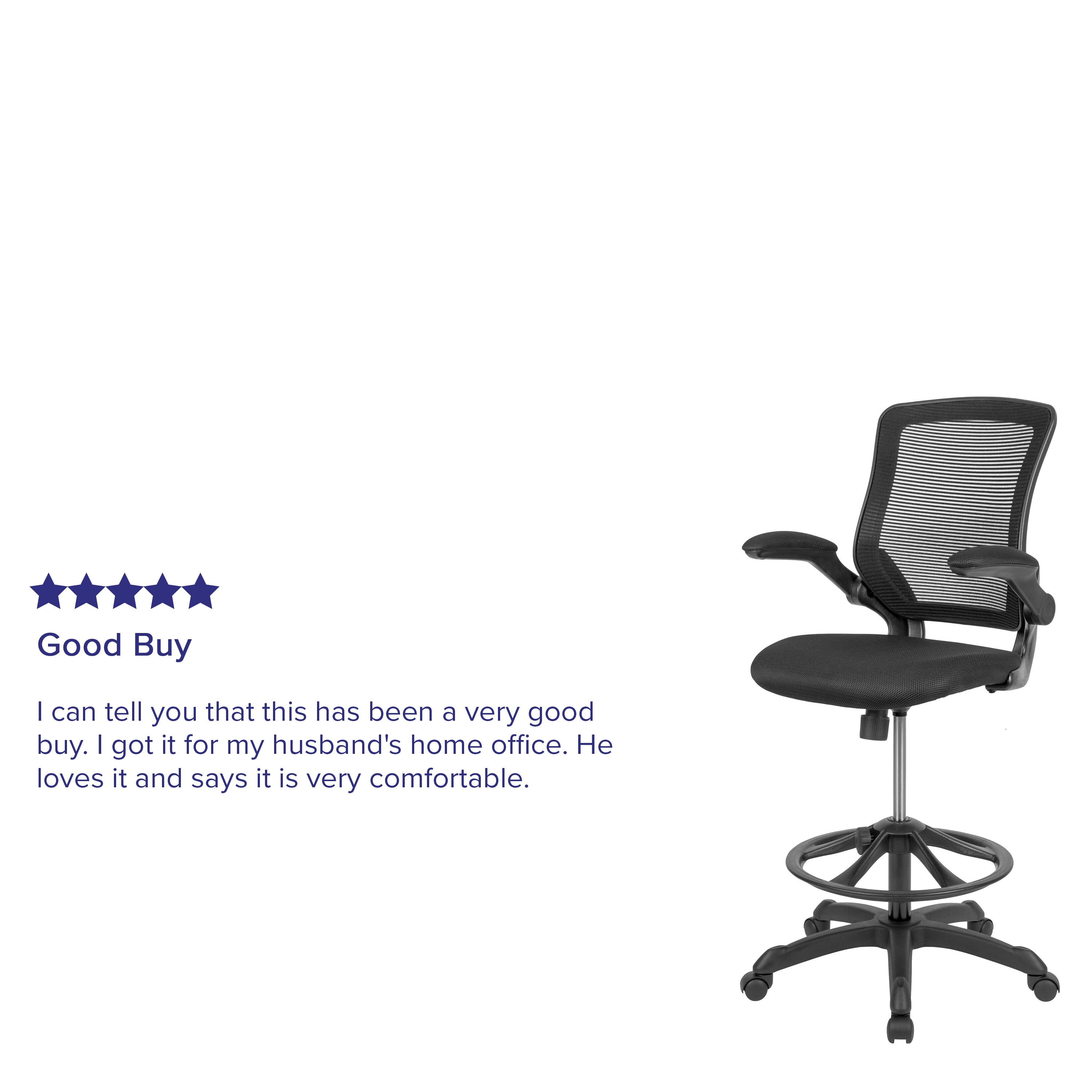 Kale Mid-Back Black Mesh Ergonomic Drafting Chair with Adjustable Foot Ring and Flip-Up Arms